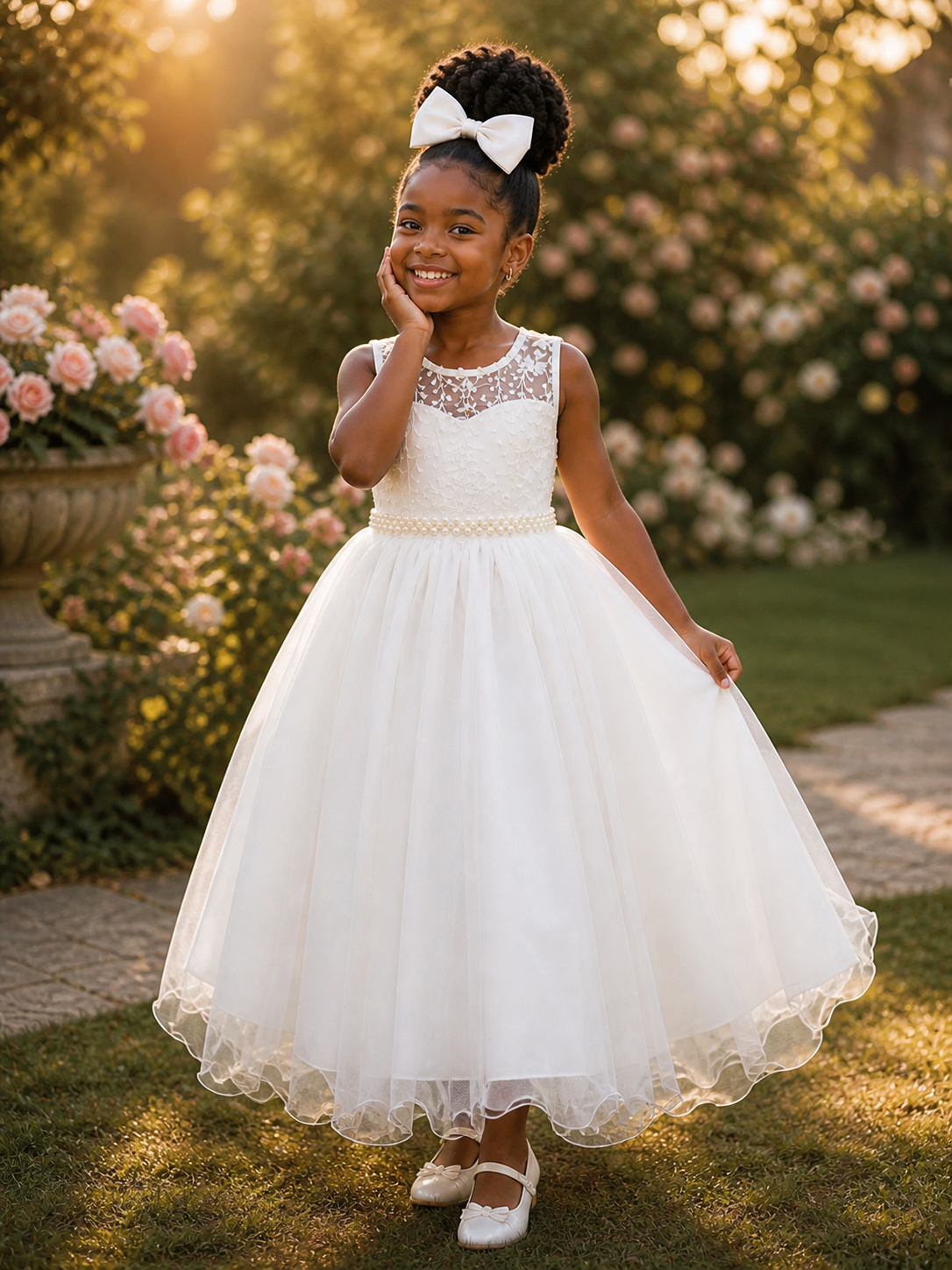 Vestido Infantil Longo Off White C/ Renda e Pérolas Damas Luxo