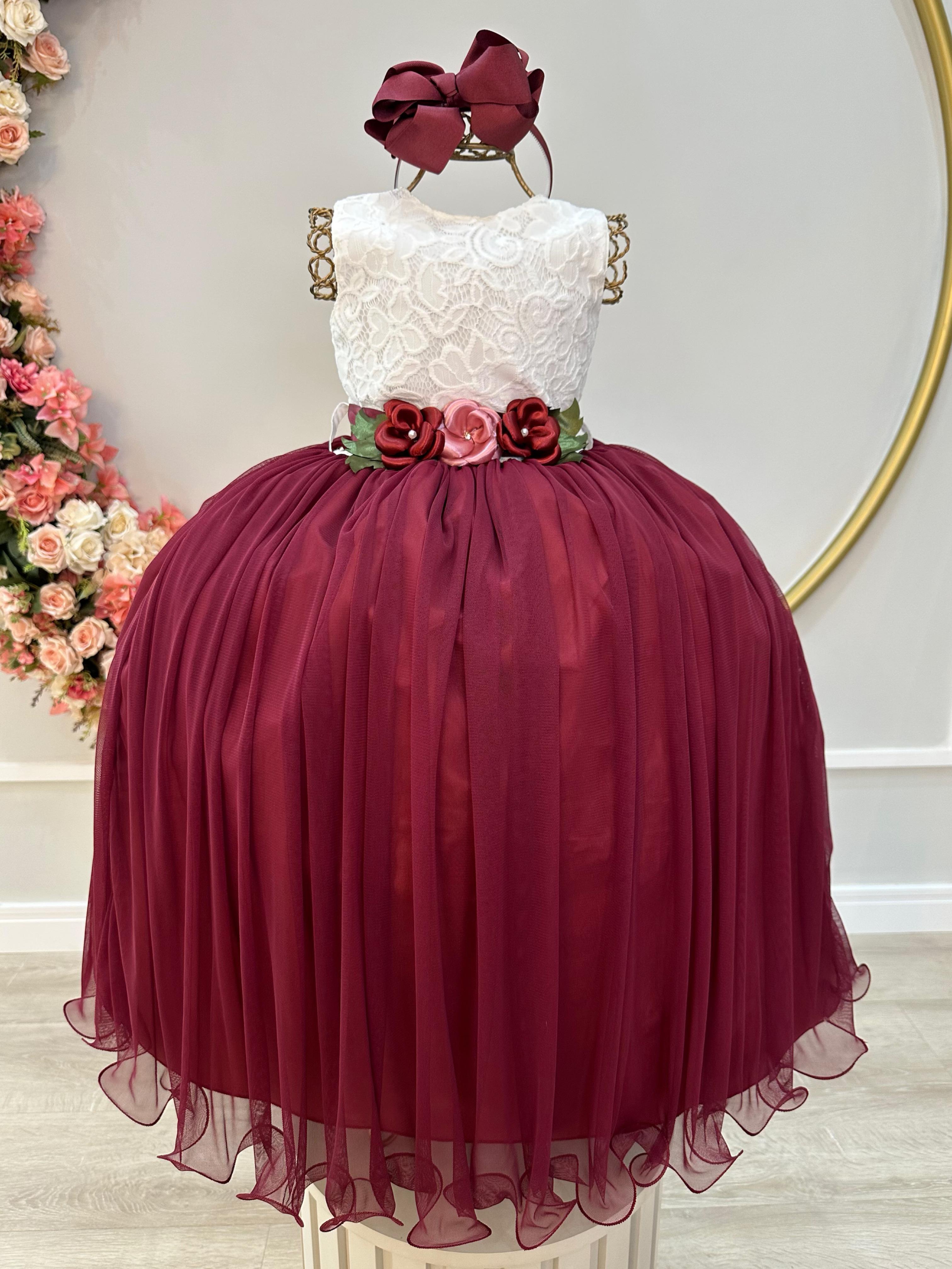 Vestido Infantil Longo Off White Saia Marsala Daminha Festas