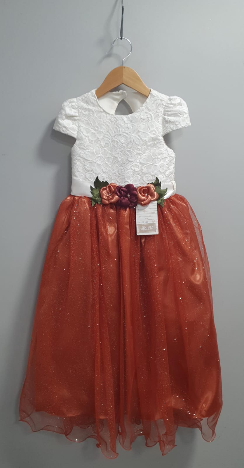 Vestido Infantil Longo Off White Saia Terracota Daminhas