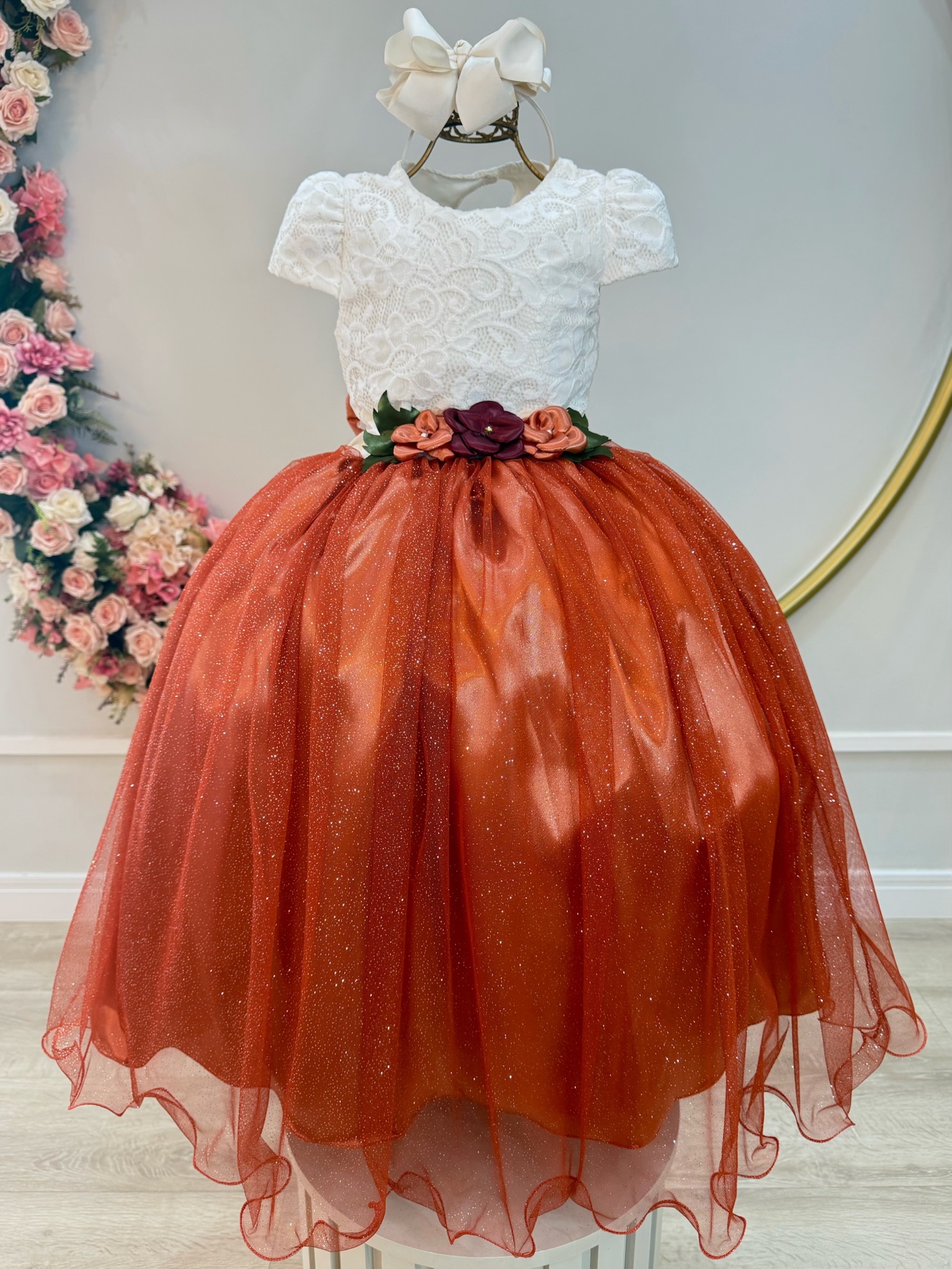 Vestido Infantil Longo Off White Saia Terracota Daminhas