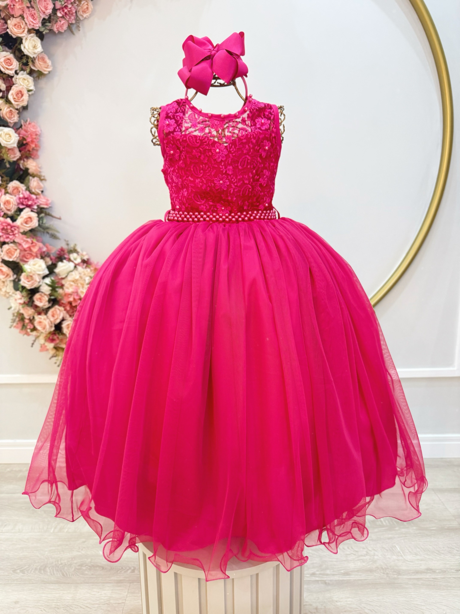 Vestido Infantil Longo Pink C/ Renda Casamentos Festas