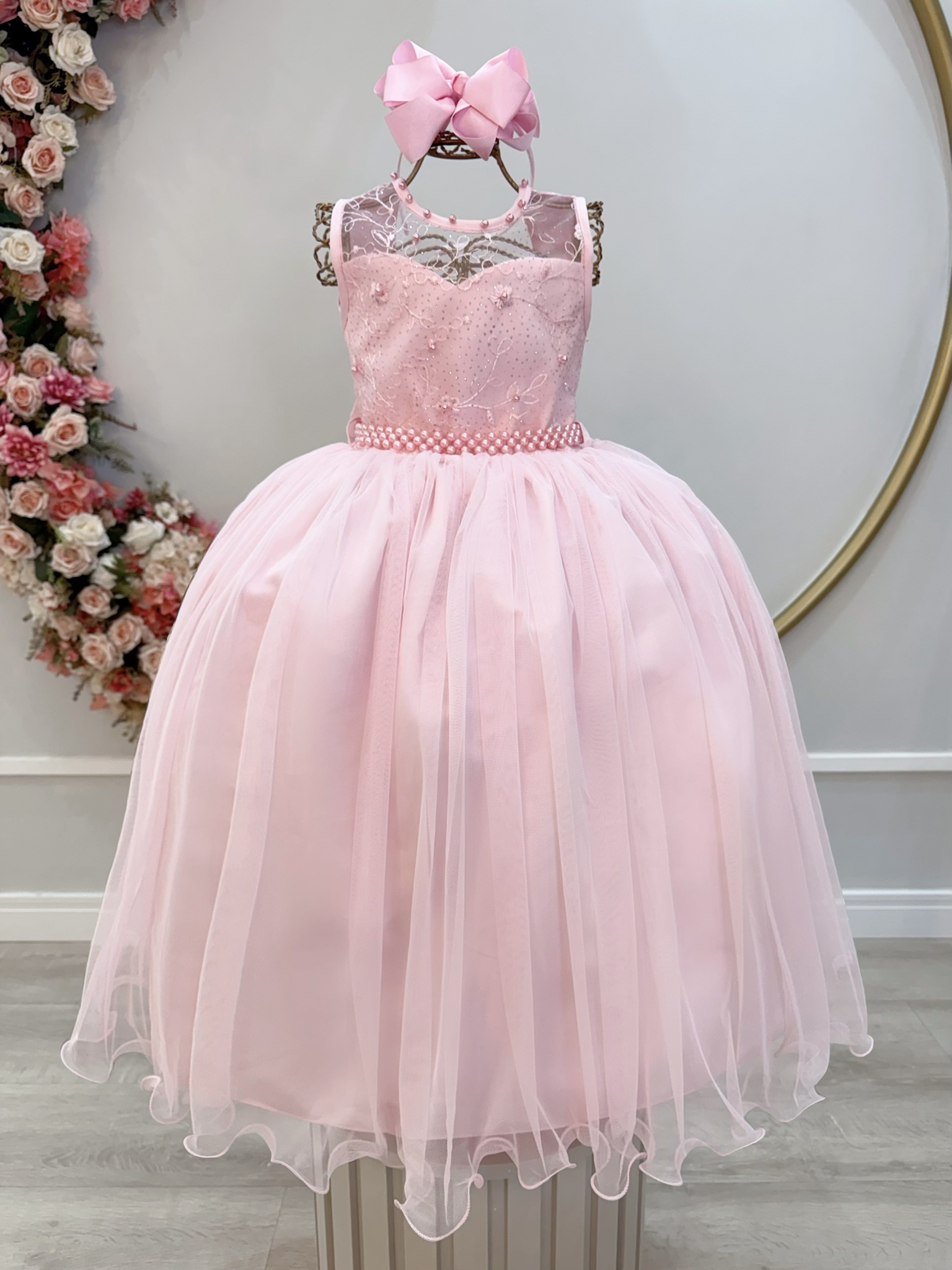 Vestido Infantil Longo Rosa Claro C/ Renda Casamentos Festas