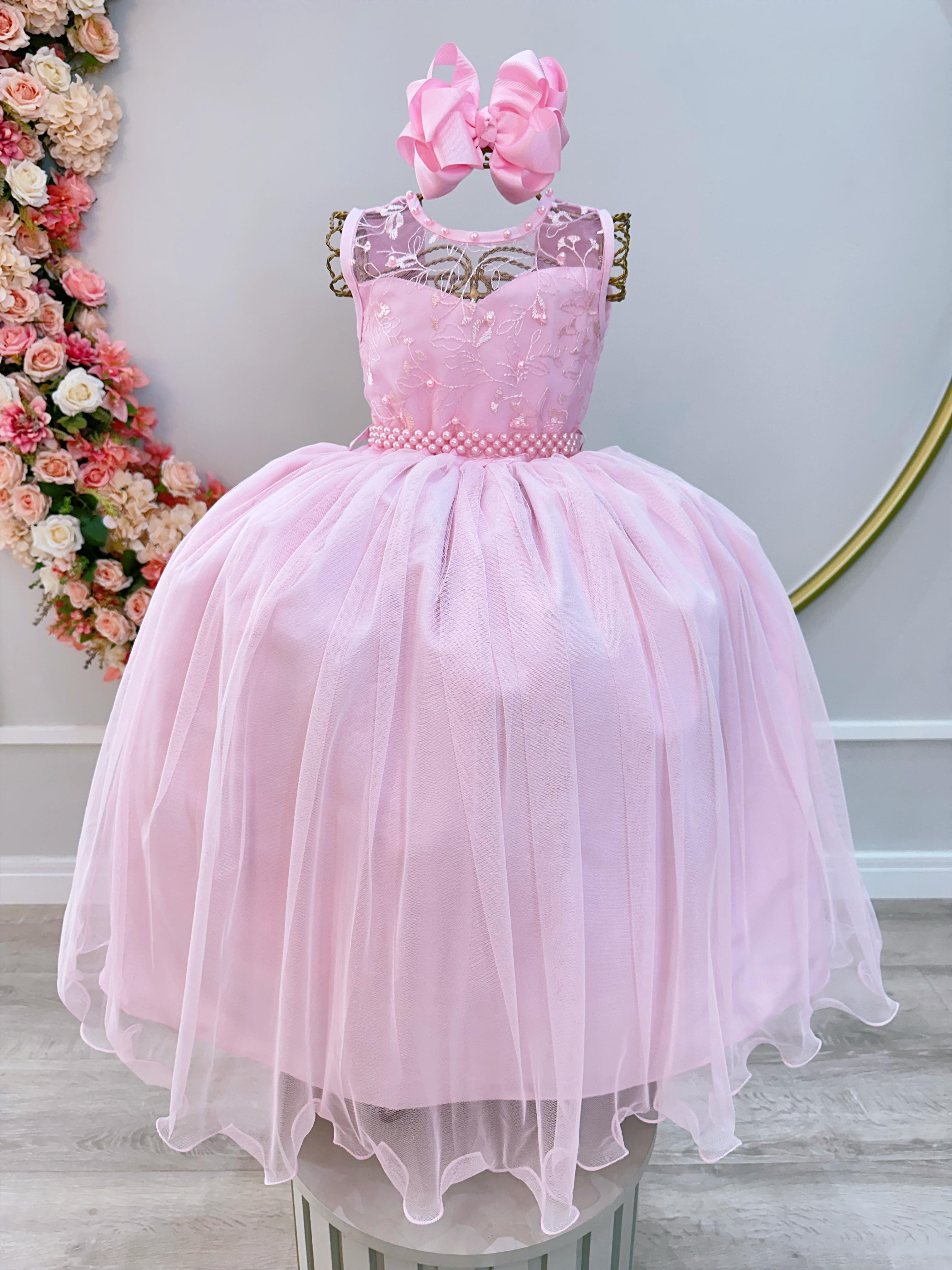 Vestido Infantil Longo Rosa Claro C/ Renda e Pérolas Damas