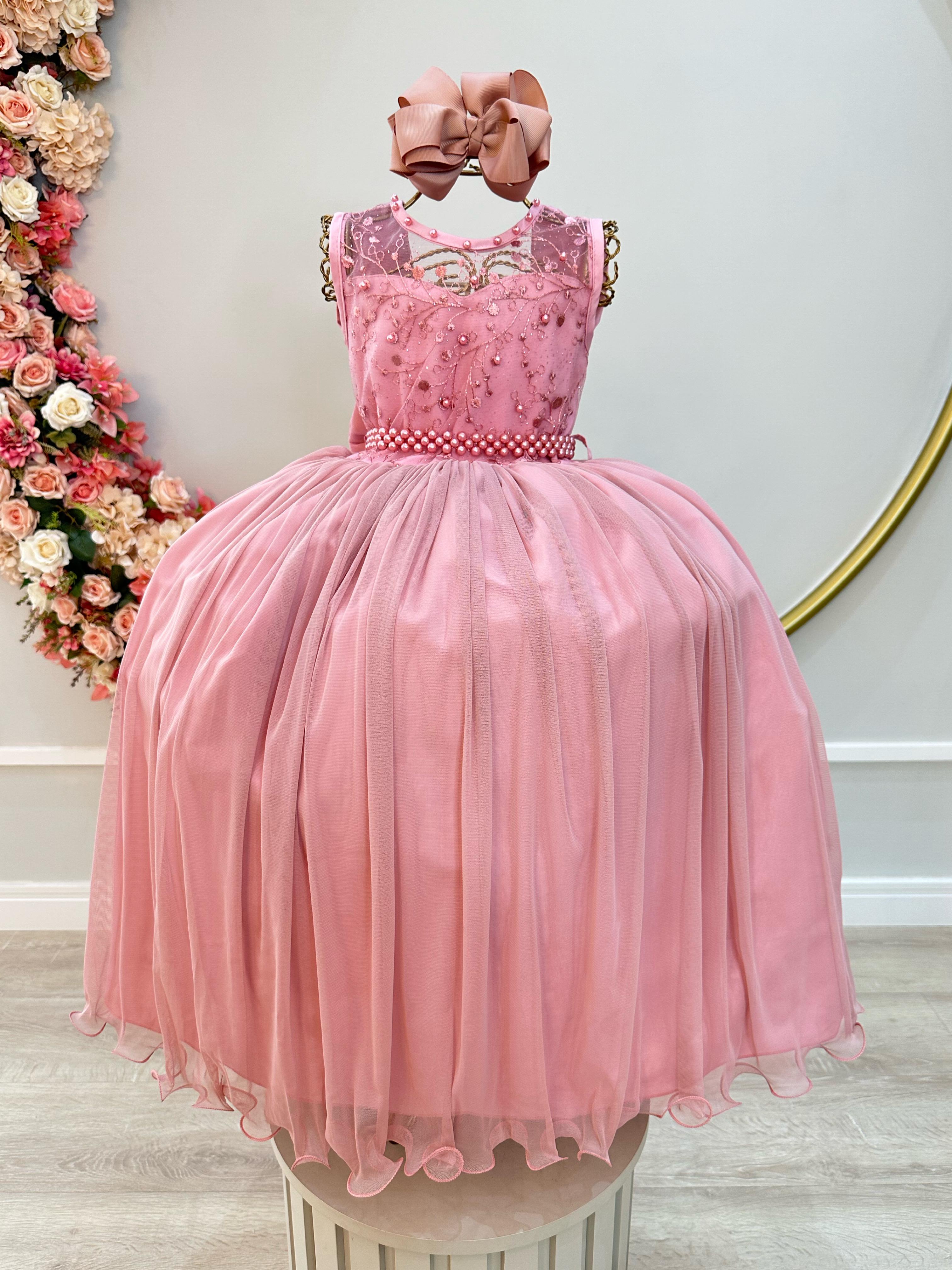 Vestido Infantil Longo Rose C/ Renda e Pérolas Damas