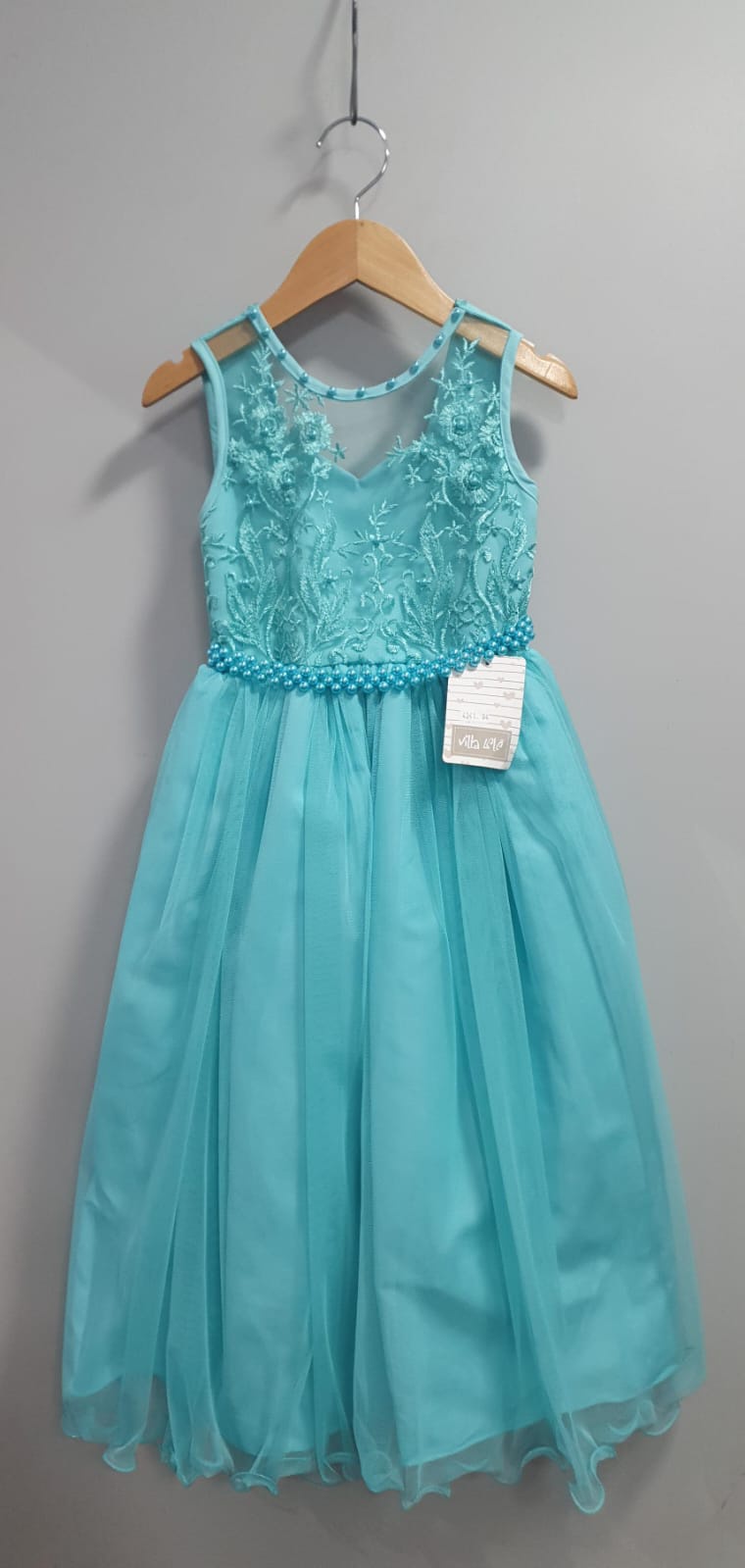 Vestido Infantil Longo Verde C/ Renda e Pérolas Daminhas