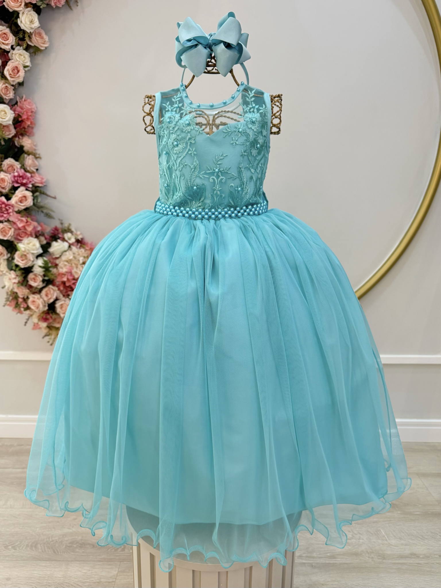 Vestido Infantil Longo Verde C/ Renda e Pérolas Daminhas