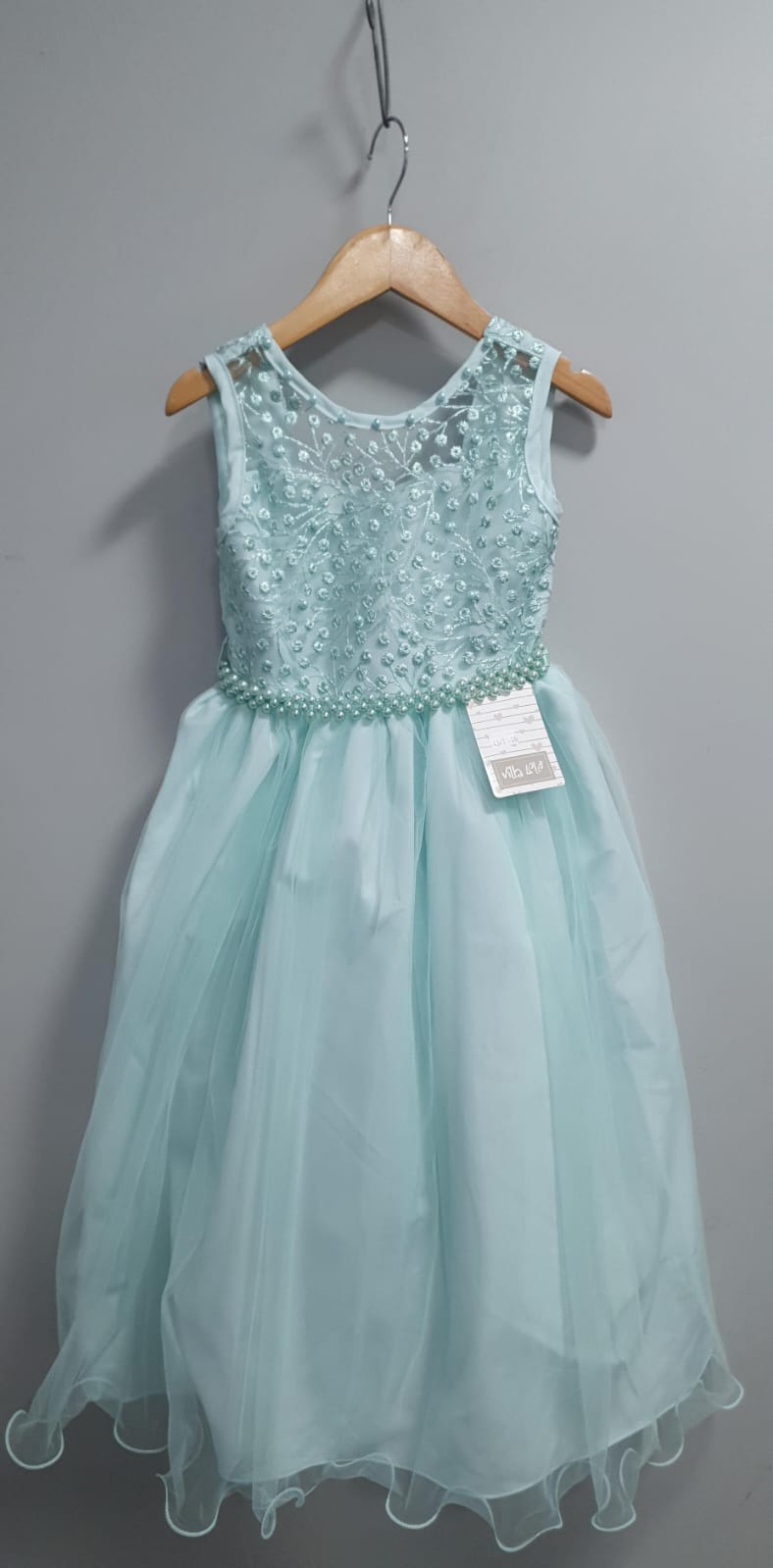 Vestido Infantil Longo Verde Menta Renda e Pérolas Damas Festa