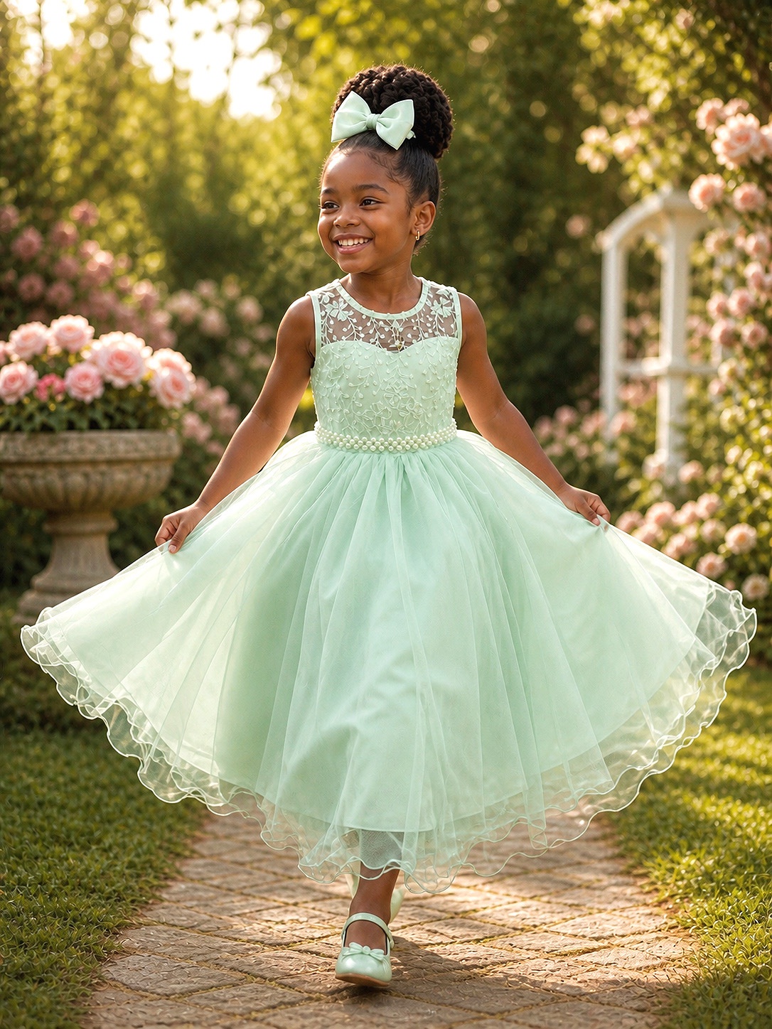 Vestido Infantil Longo Verde Menta Renda e Pérolas Damas Festa