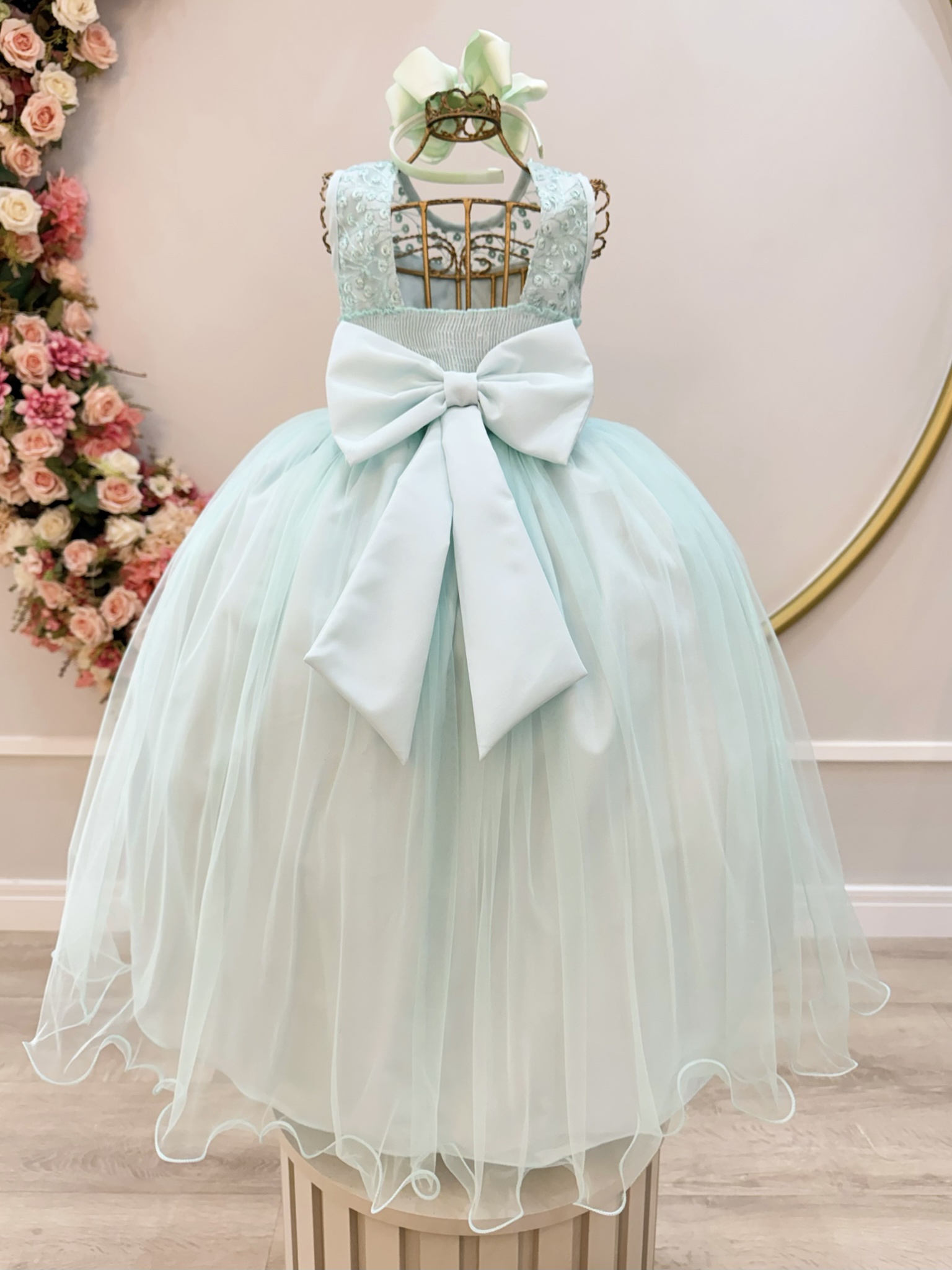 Vestido Infantil Longo Verde Menta Renda e Pérolas Damas Festa - Rosa ...