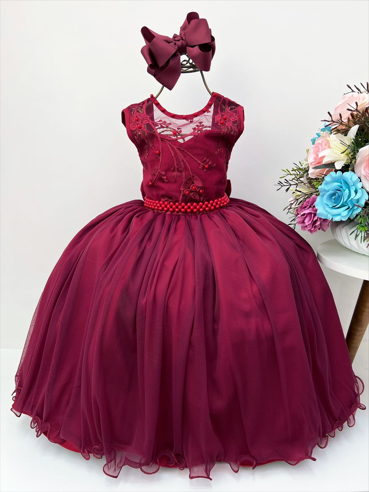 Vestido Infantil Marsala C/ Renda Luxo e Pérolas Damas