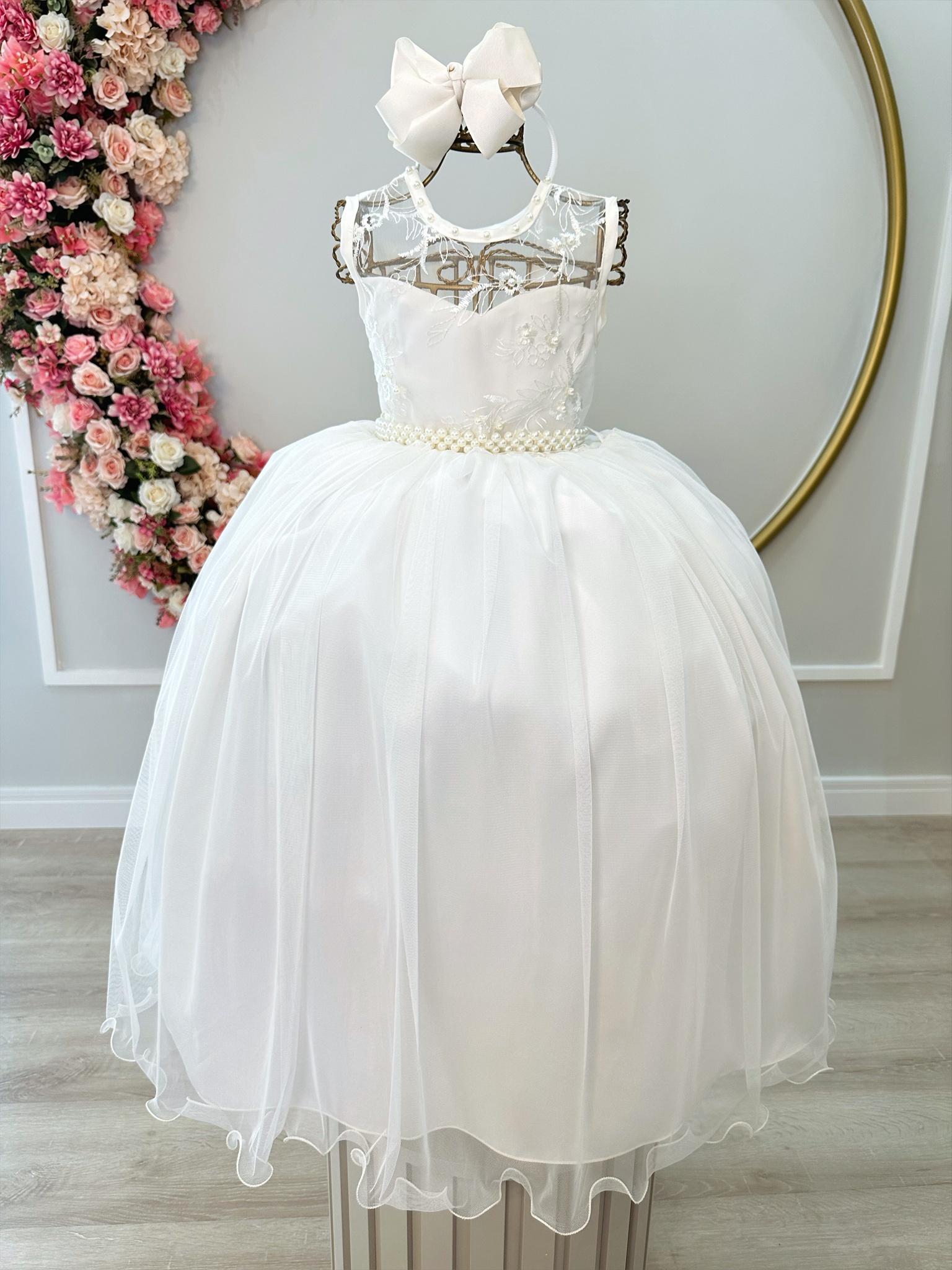 Vestido Infantil Off White C/ Renda e Cinto de Pérolas Damas