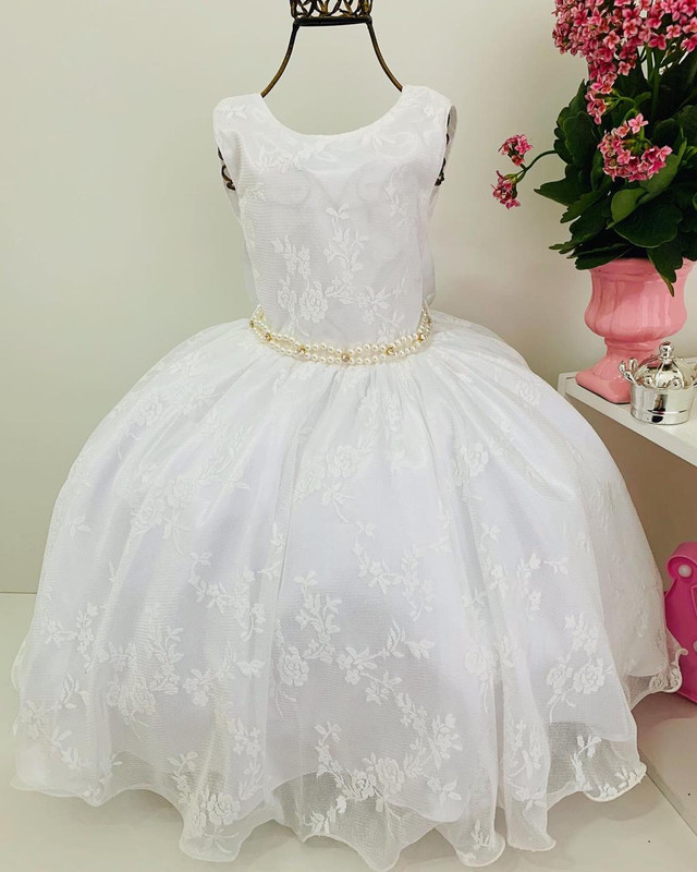 Vestido Infantil Off White Renda Luxo Cinto de Pérolas Damas