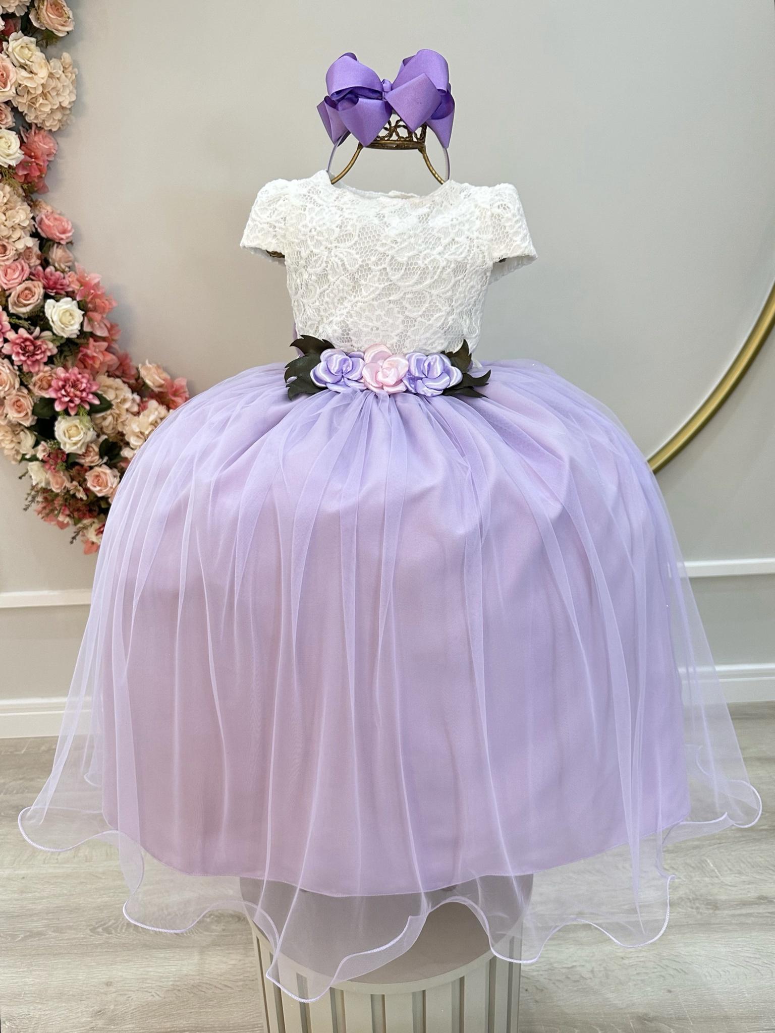 Vestido Infantil Off White Saia Lilás C/ Renda e Broche