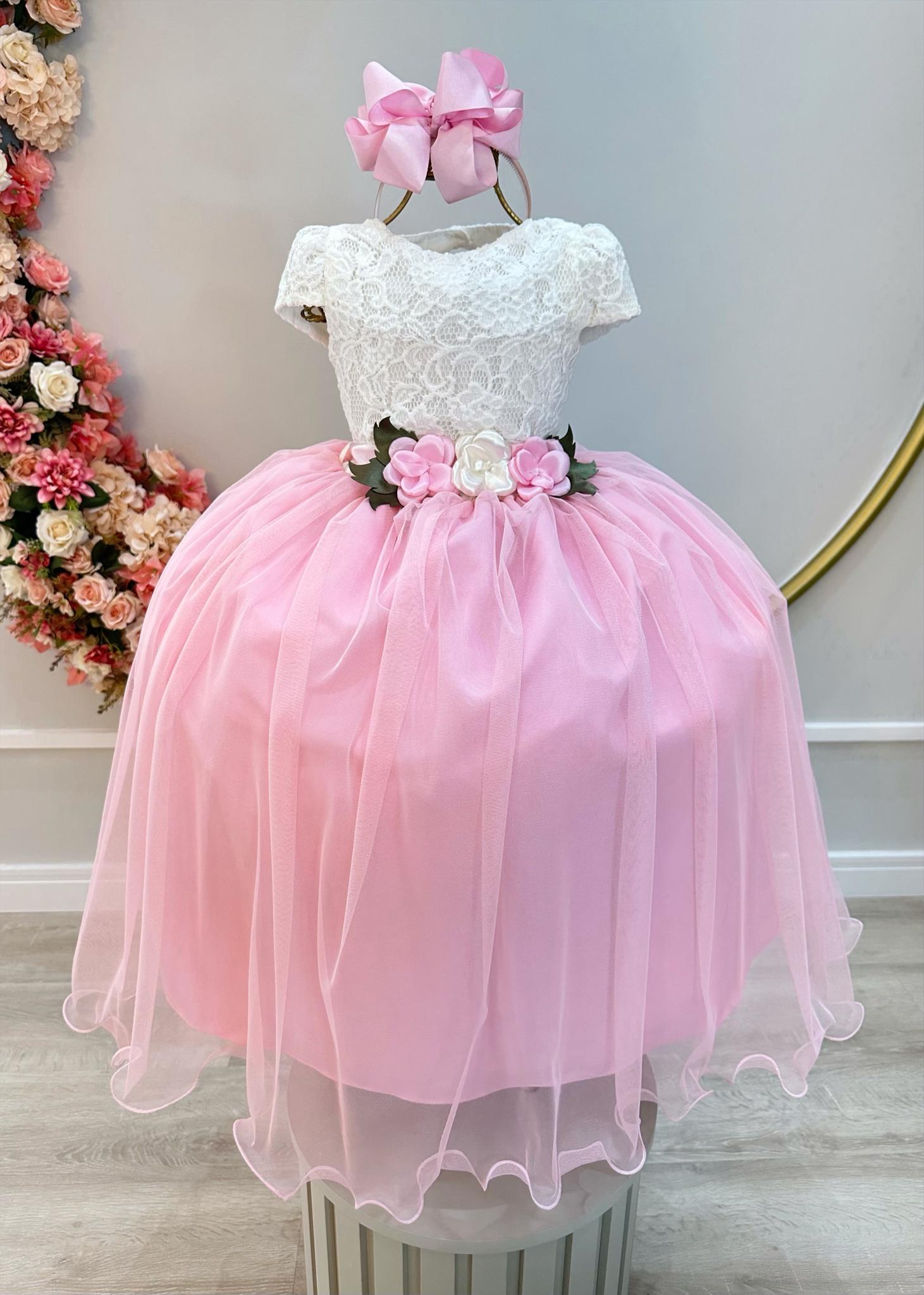 Vestido Infantil Off White Saia Rosa C/ Renda e Broche