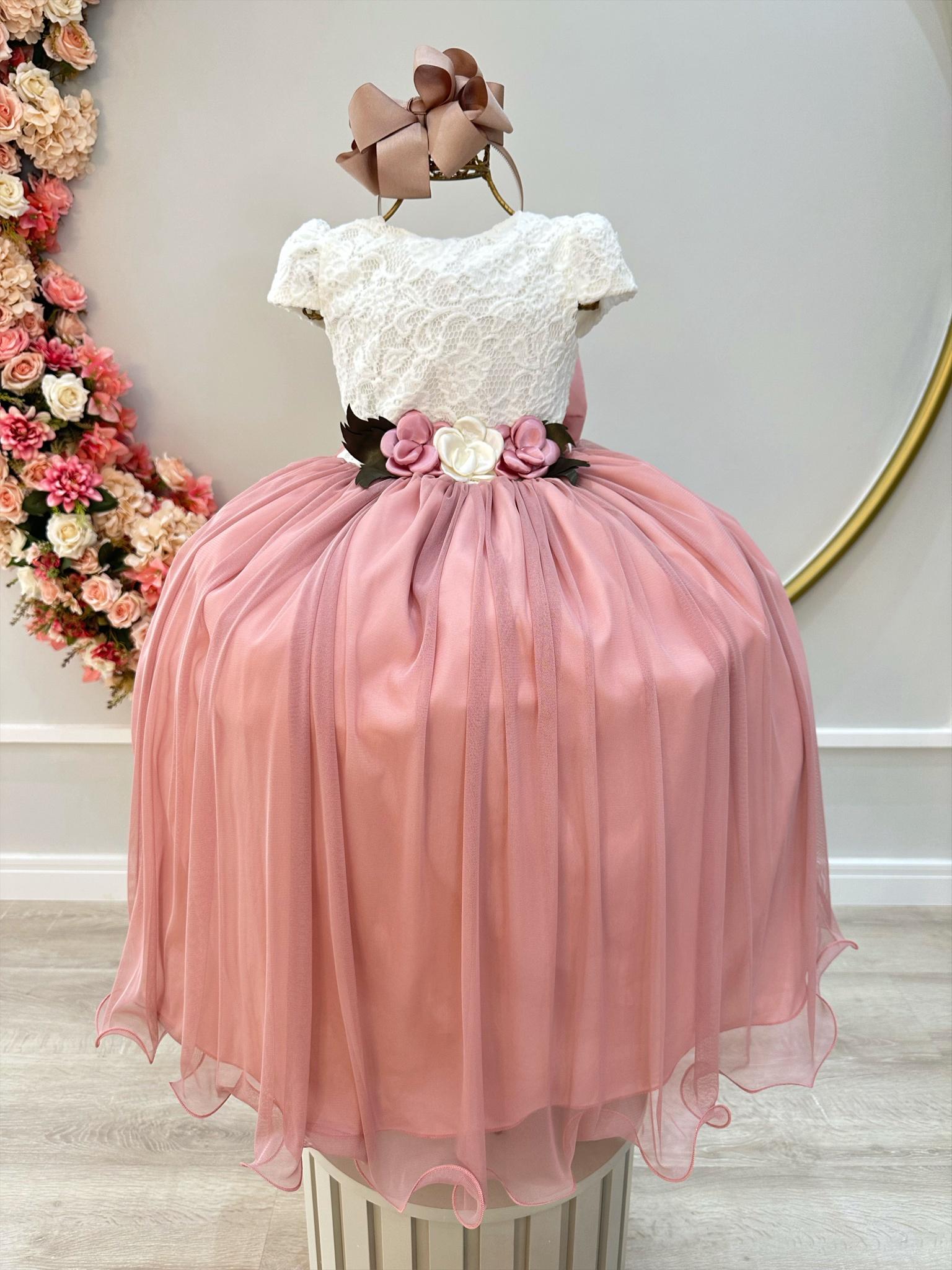 Vestido Infantil Off White Saia Rose C/ Renda e Broche