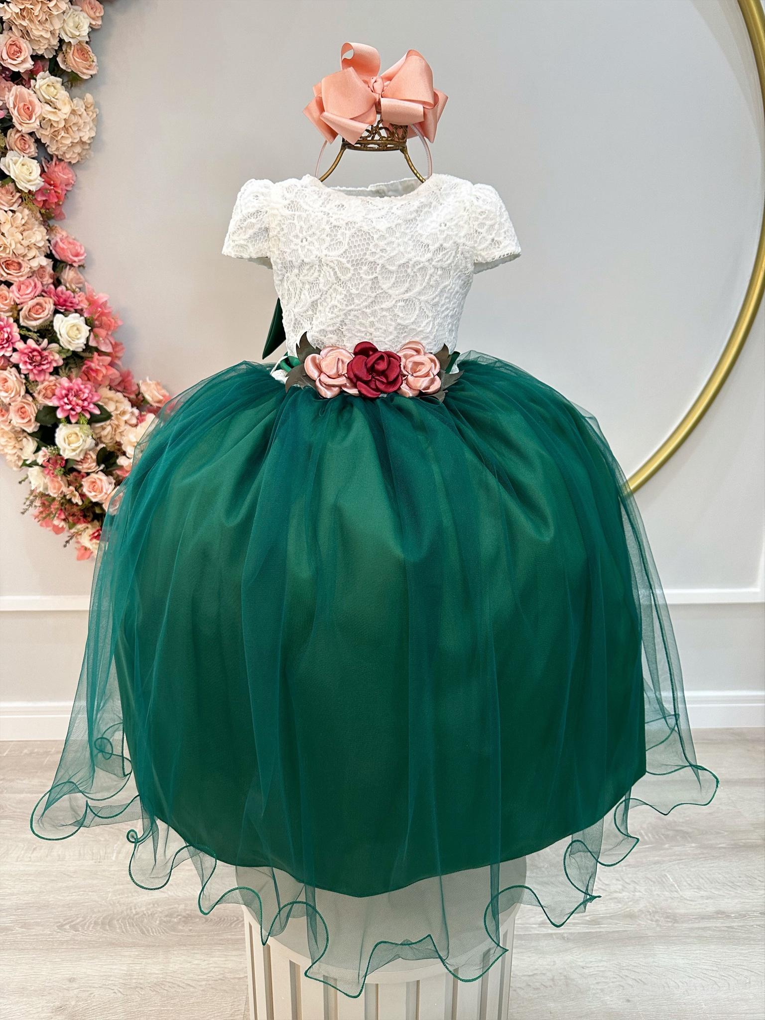 Vestido Infantil Off White Saia Verde Esmeralda Renda Broche