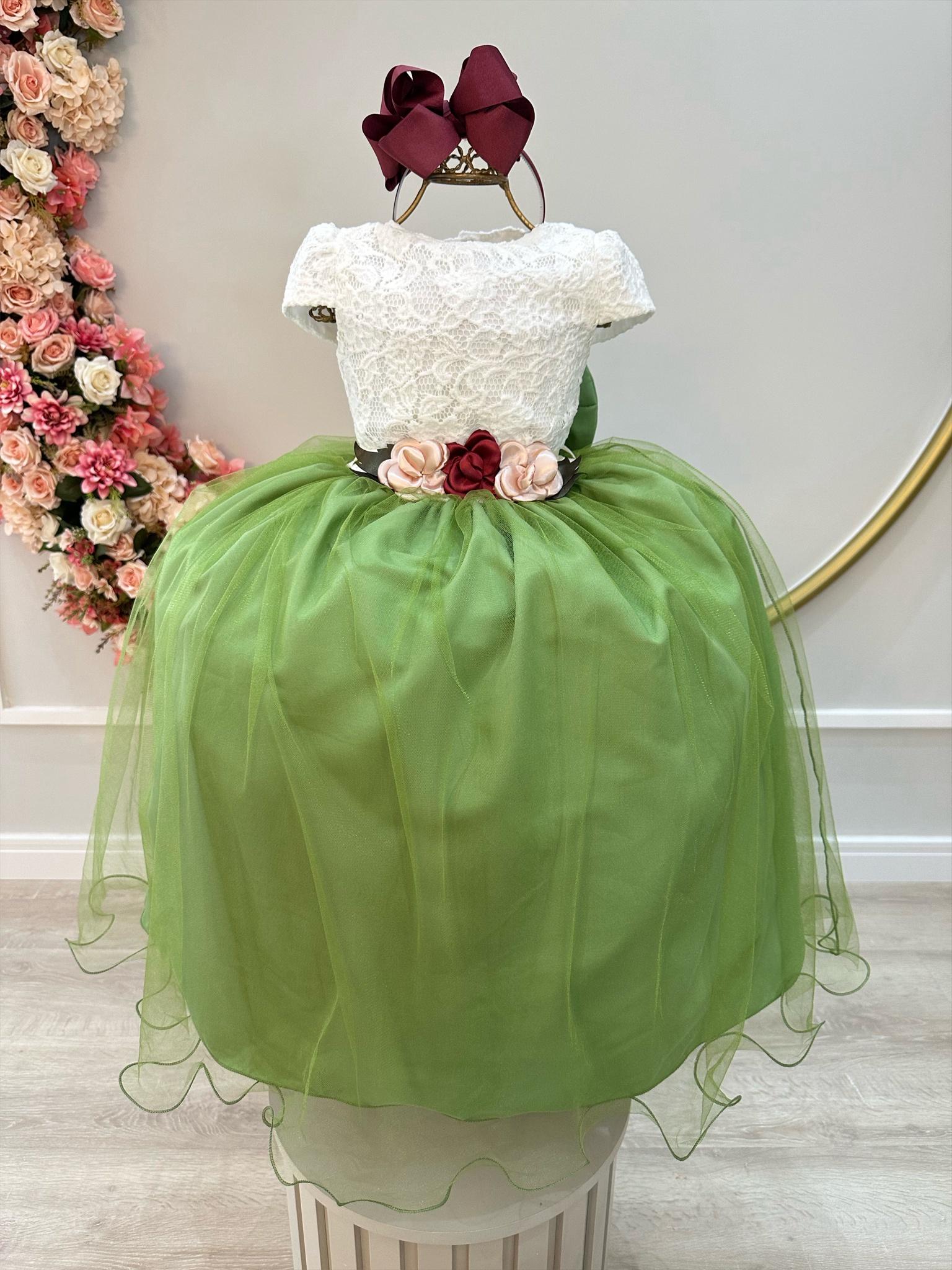 Vestido Infantil Off White Saia Verde Oliva C/ Renda e Broche