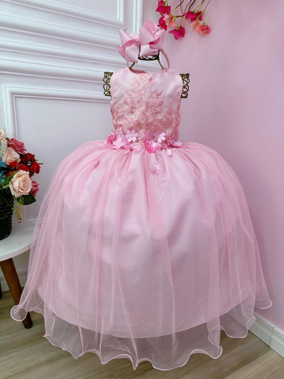Vestido Infantil Rosa C/ Renda e Aplique Flores Luxo Damas