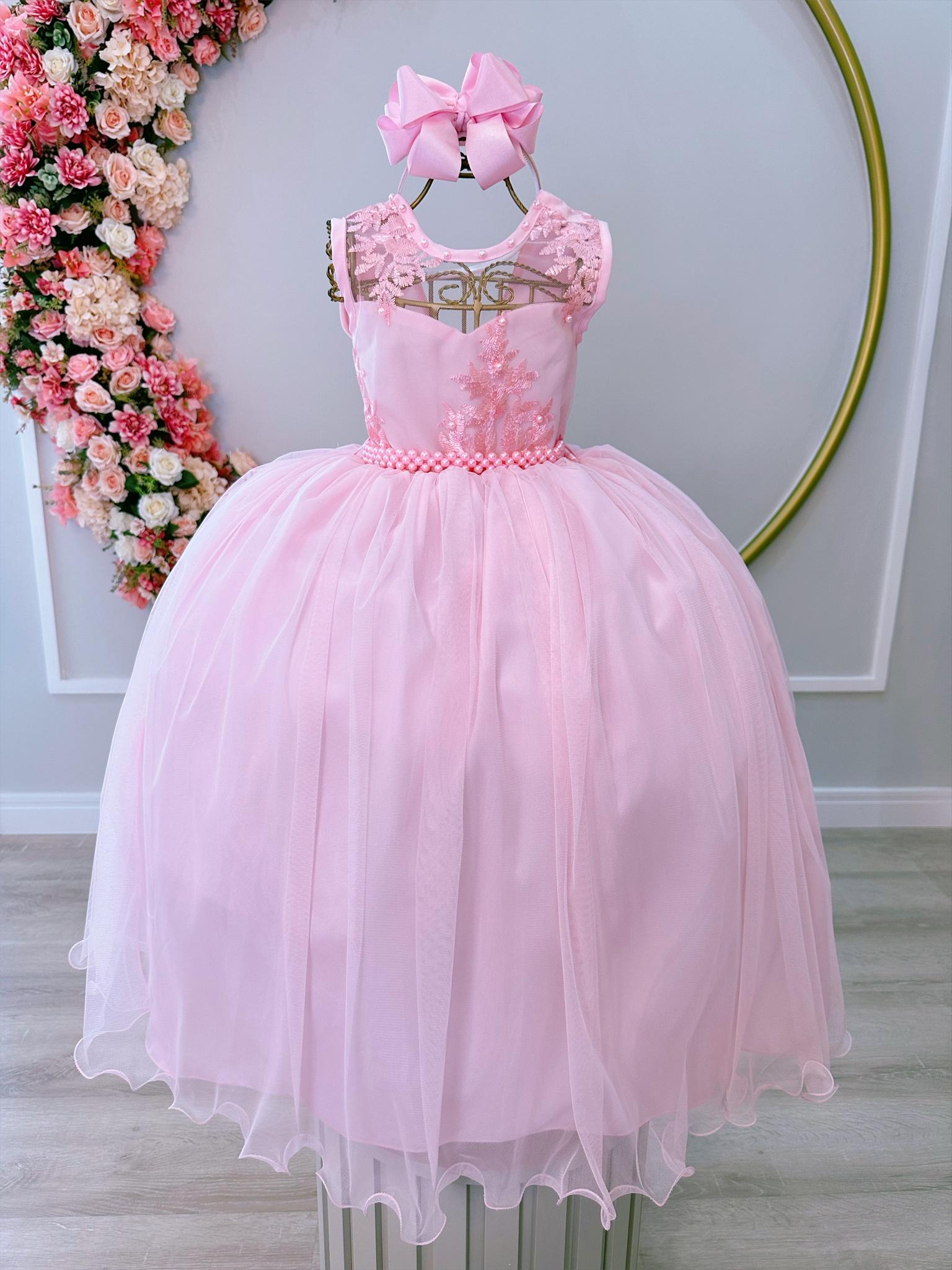 Vestido Infantil Rosa Damas C/ Renda e Cinto de Pérolas Luxo