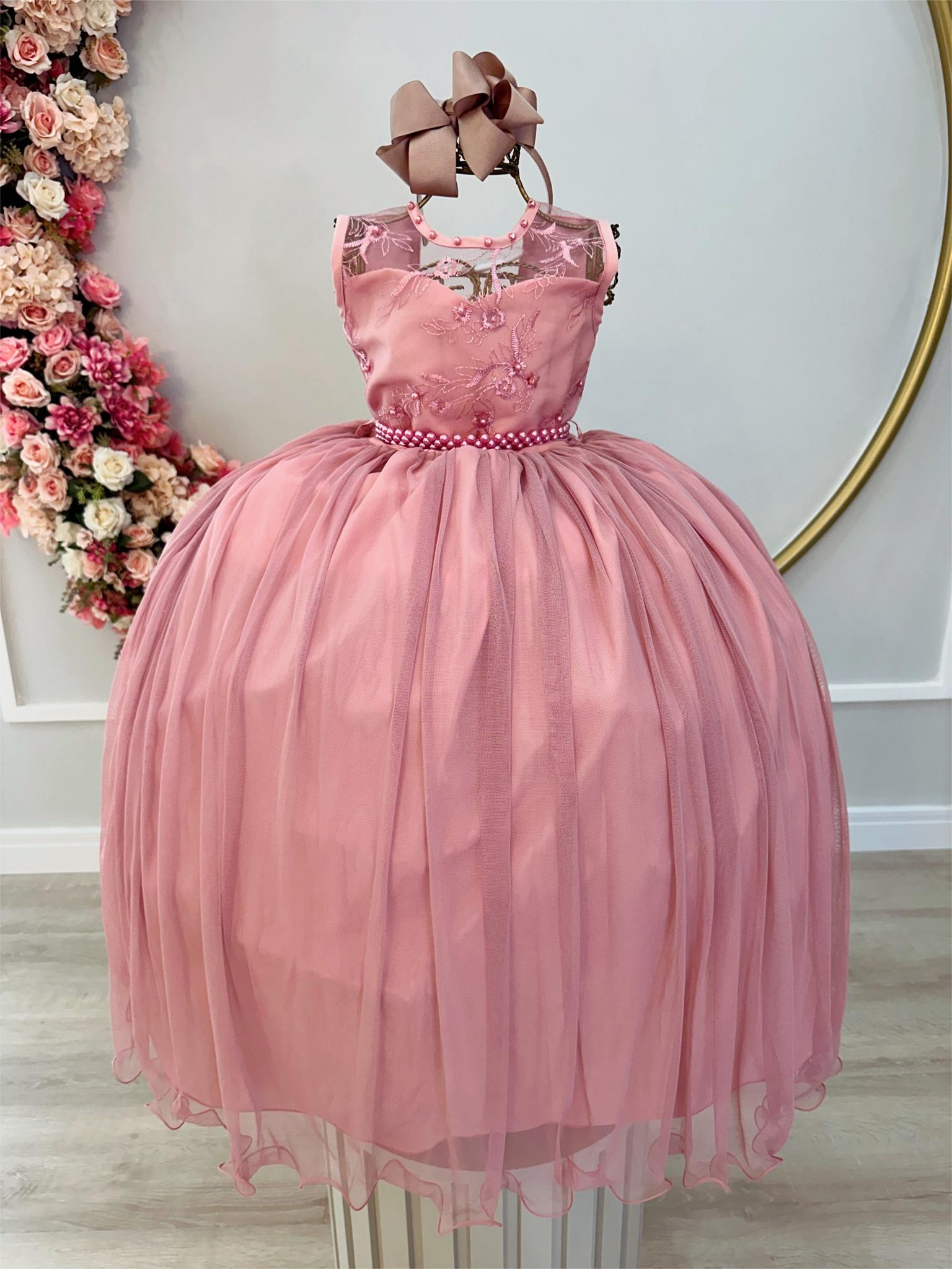 Vestido Infantil Rose C/ Renda e Cinto de Pérolas Damas