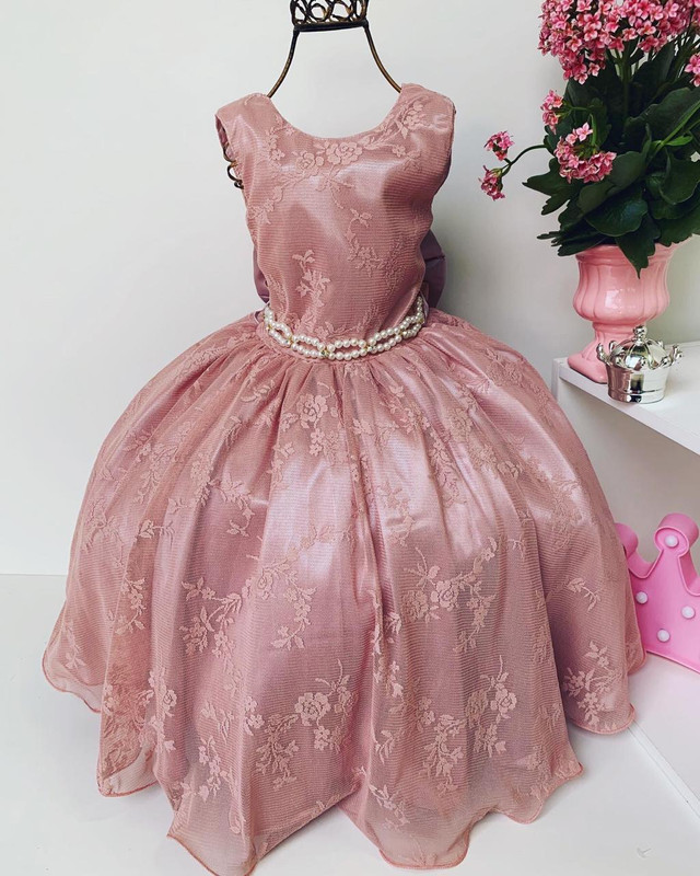 Vestido Infantil Rosê Renda de Luxo Cinto de Pérolas