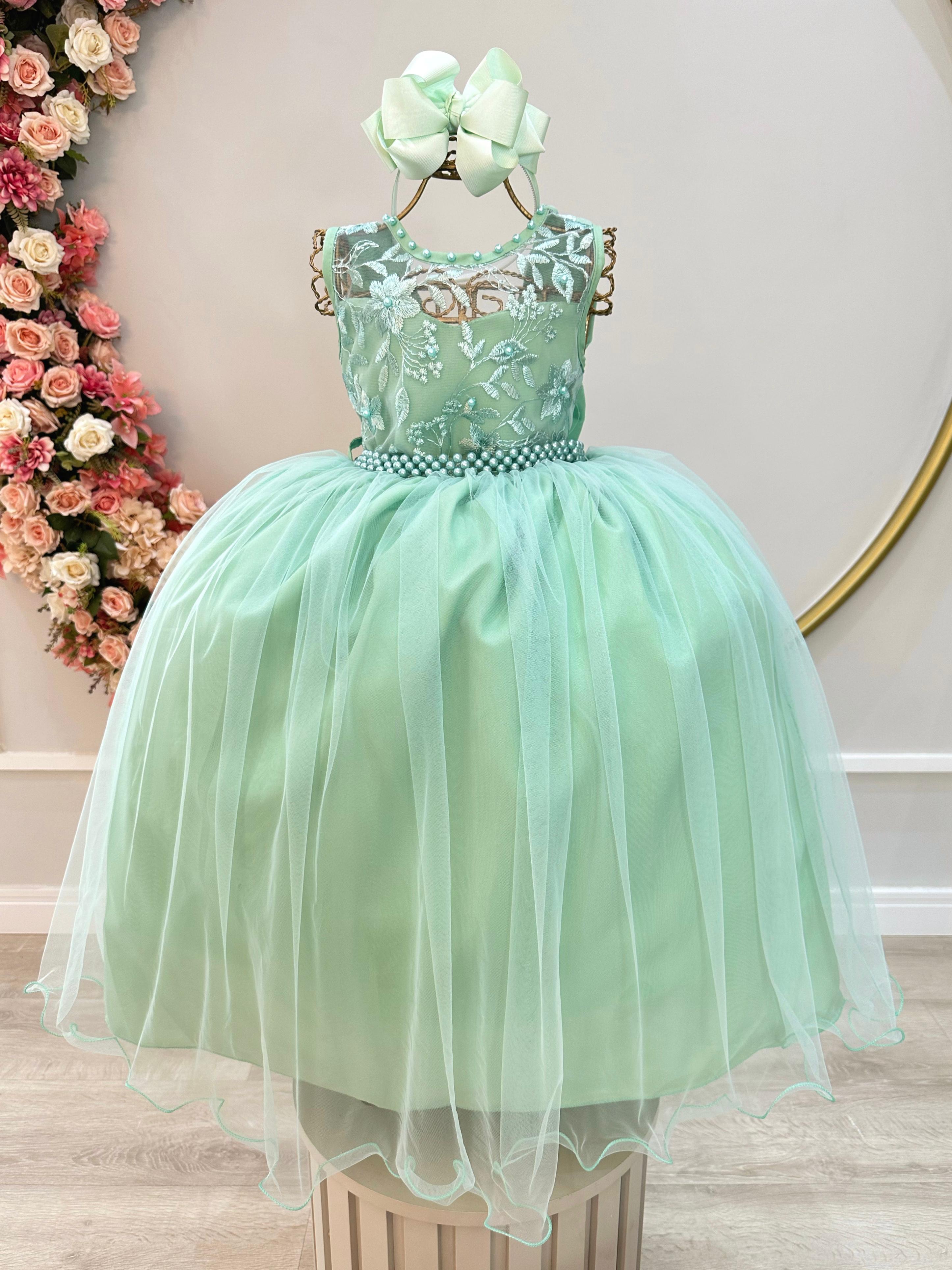 Vestido Infantil Verde Menta Longo Com Renda Casamento