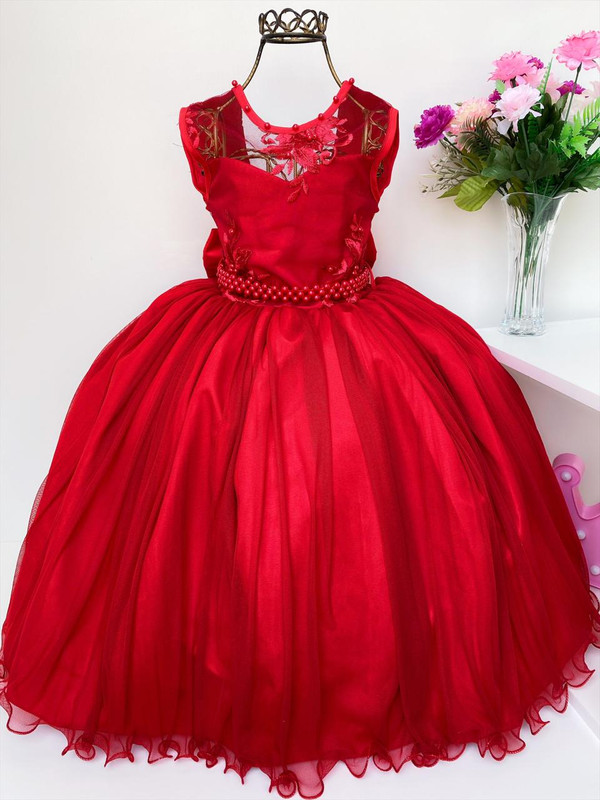 Vestido Infantil Vermelho Renda Luxo e Pérolas Damas