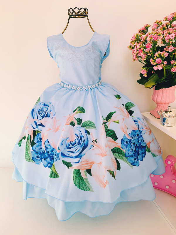 Vestido Infantil Azul Floral Princesas de Luxo Damas