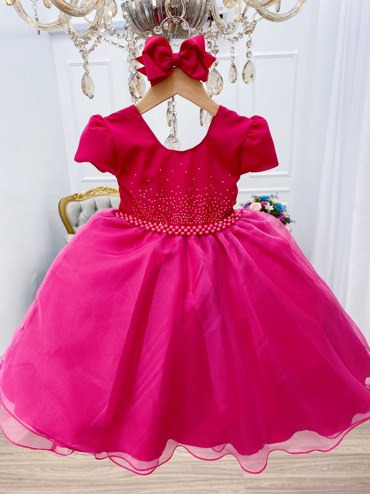 Vestido Infantil Pink Strass Voal Cinto Pérolas Com Mangas