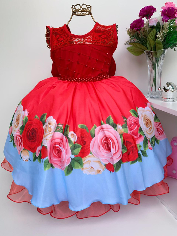 Vestido Infantil Vermelho Floral Aniversário Festas Luxo
