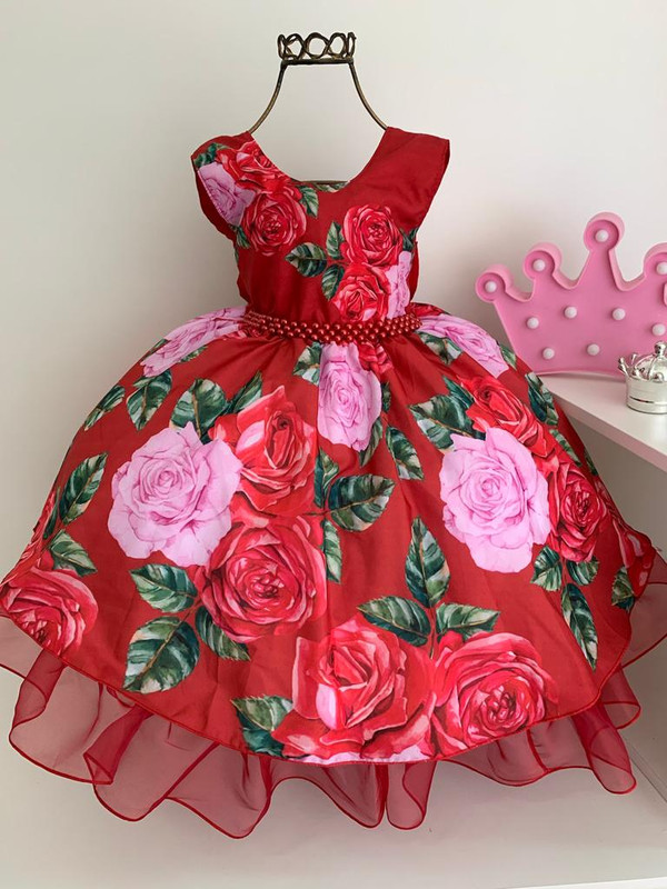 Vestido Infantil Vermelho Floral Luxo Festas de Princesas