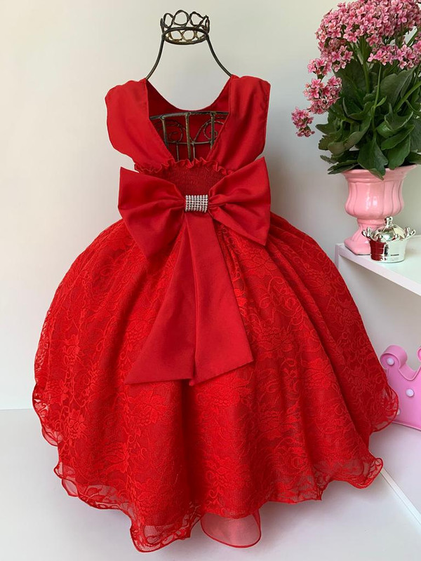 Vestido Infantil de Festa Vermelho Princesa com Renda Gliter e