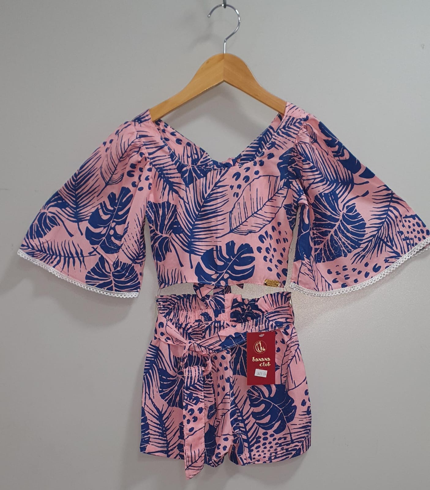 Conjunto Meninas Cropped Florido Rosa e Azul Casual Primavera