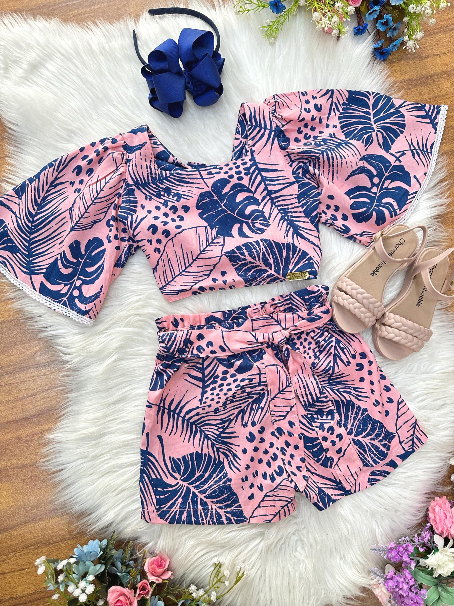 Conjunto Meninas Cropped Florido Rosa e Azul Casual Primavera