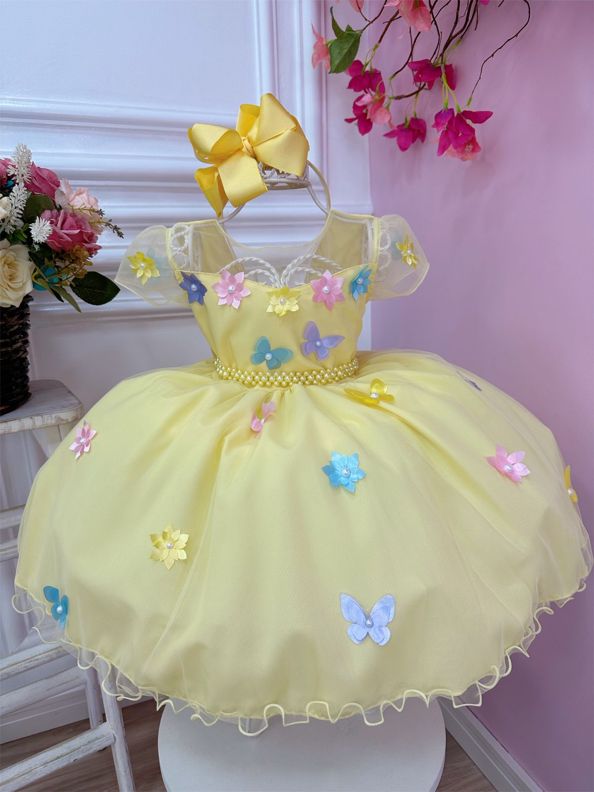 Vestido Infantil Amarelo Aplique Borboletas Flores Pérolas