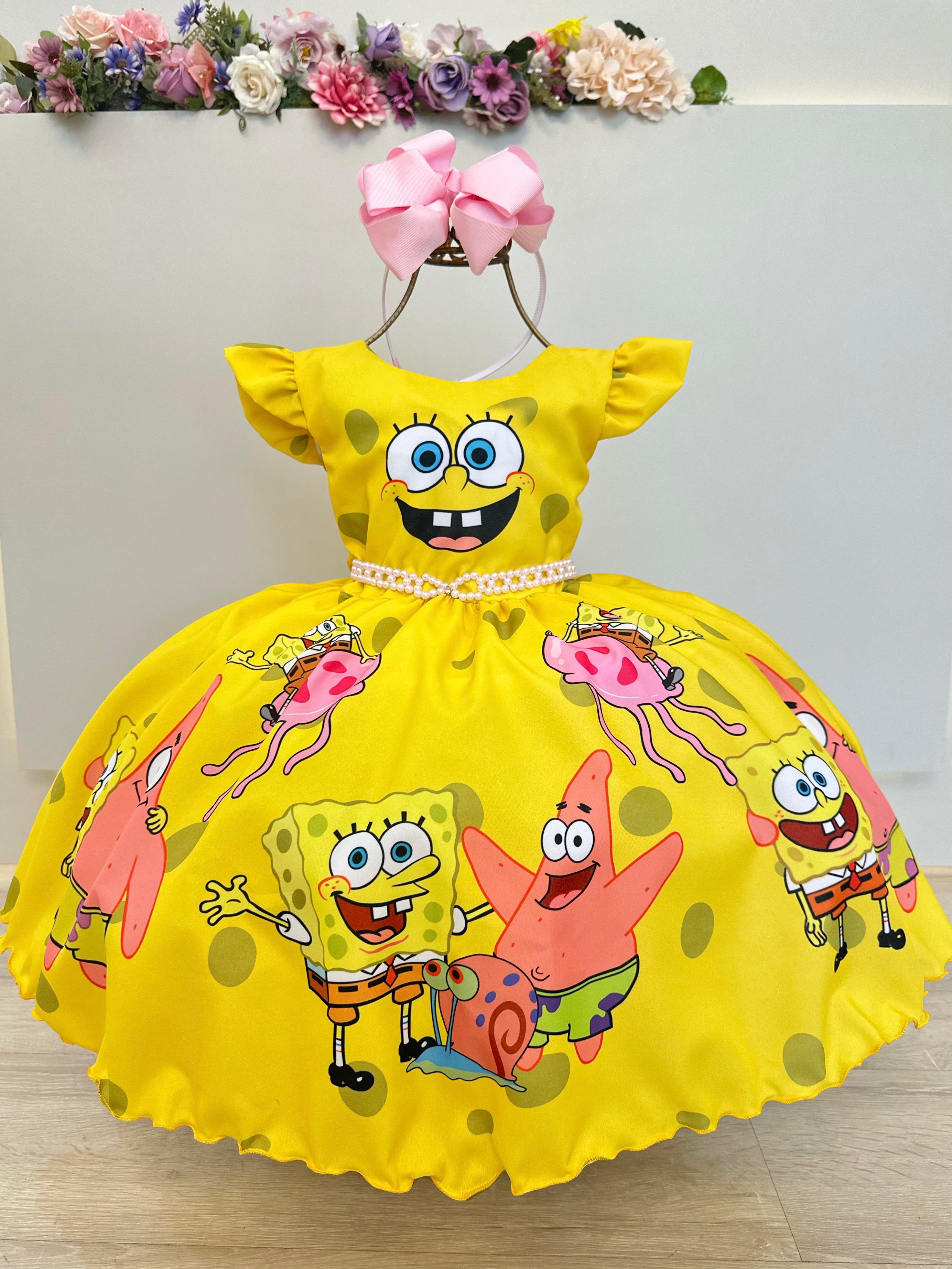 Vestido Infantil Amarelo Turma do Bob Esponja Festas