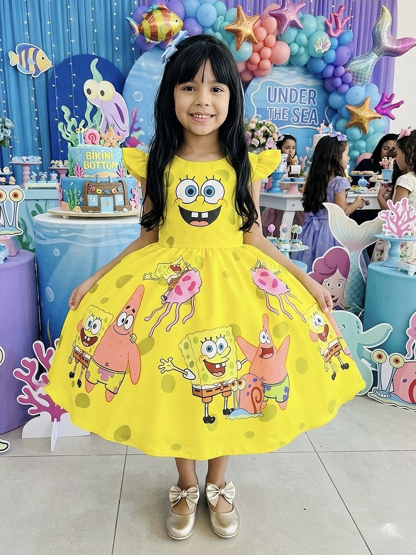 Vestido Infantil Amarelo Turma do Bob Esponja Festas