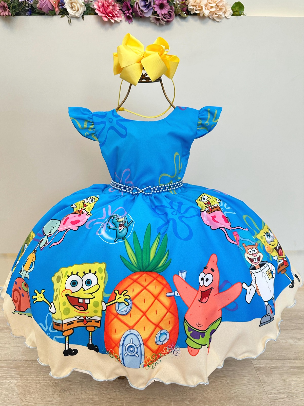 Vestido Infantil Azul Turma do Bob Esponja Festas
