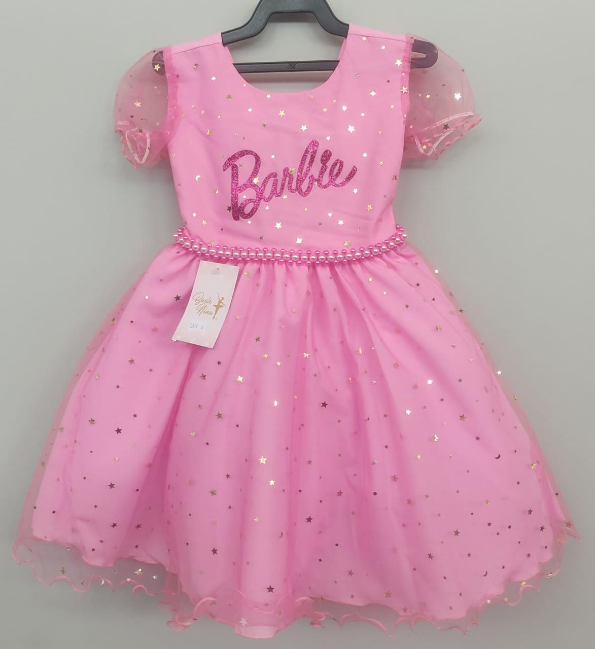 Vestido Infantil Barbie Rosa Chiclete C/ Glitter e Estrelas