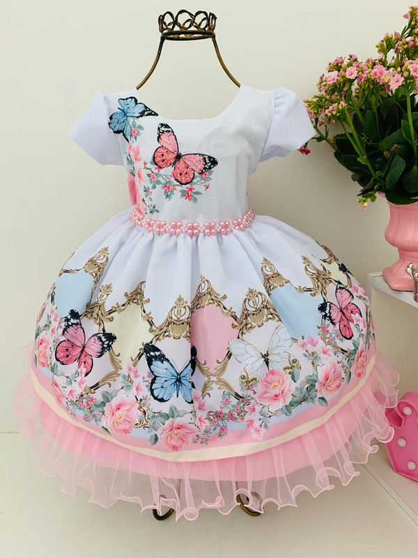 Vestido Infantil Branco Borboletas Floral Batizados Festas