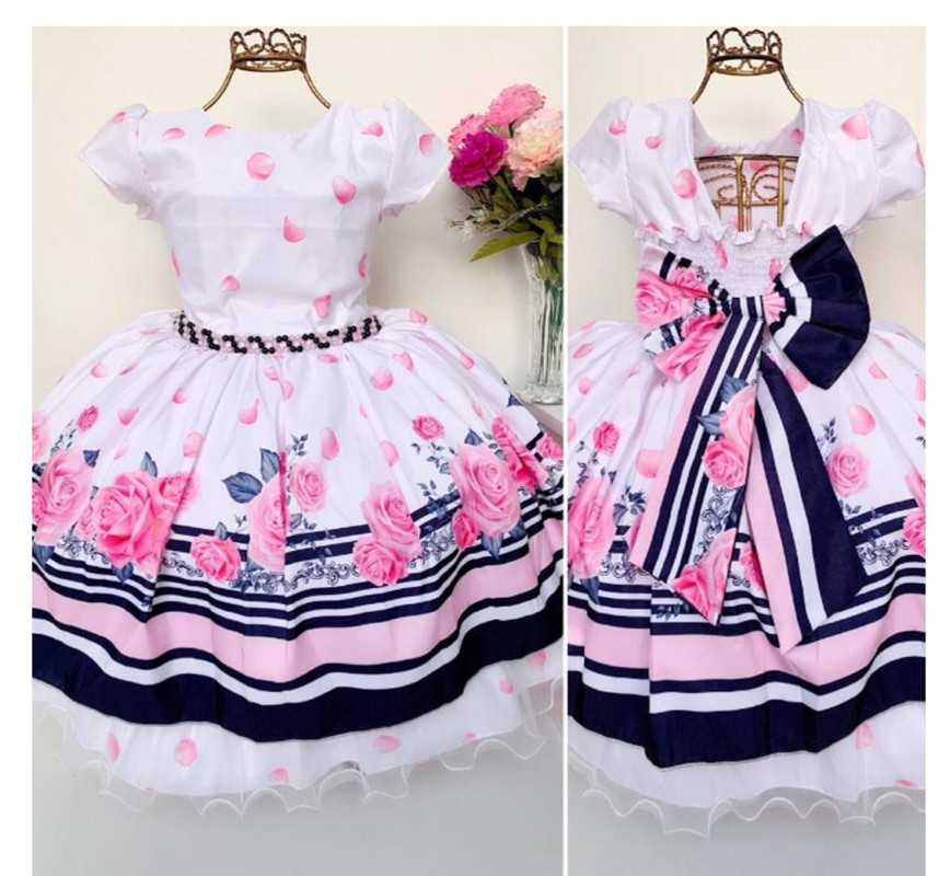 Vestido Infantil Branco Rosas e Pétalas Floral Luxo