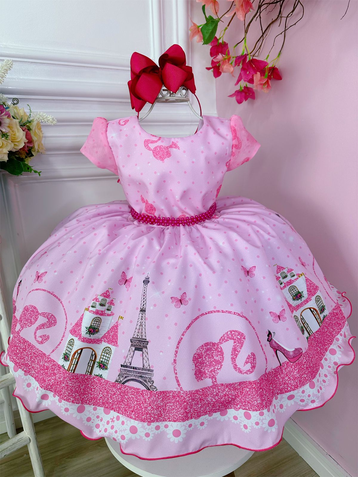Vestido Infantil Casa da Barbie Rosa C/ Cinto de Pérolas