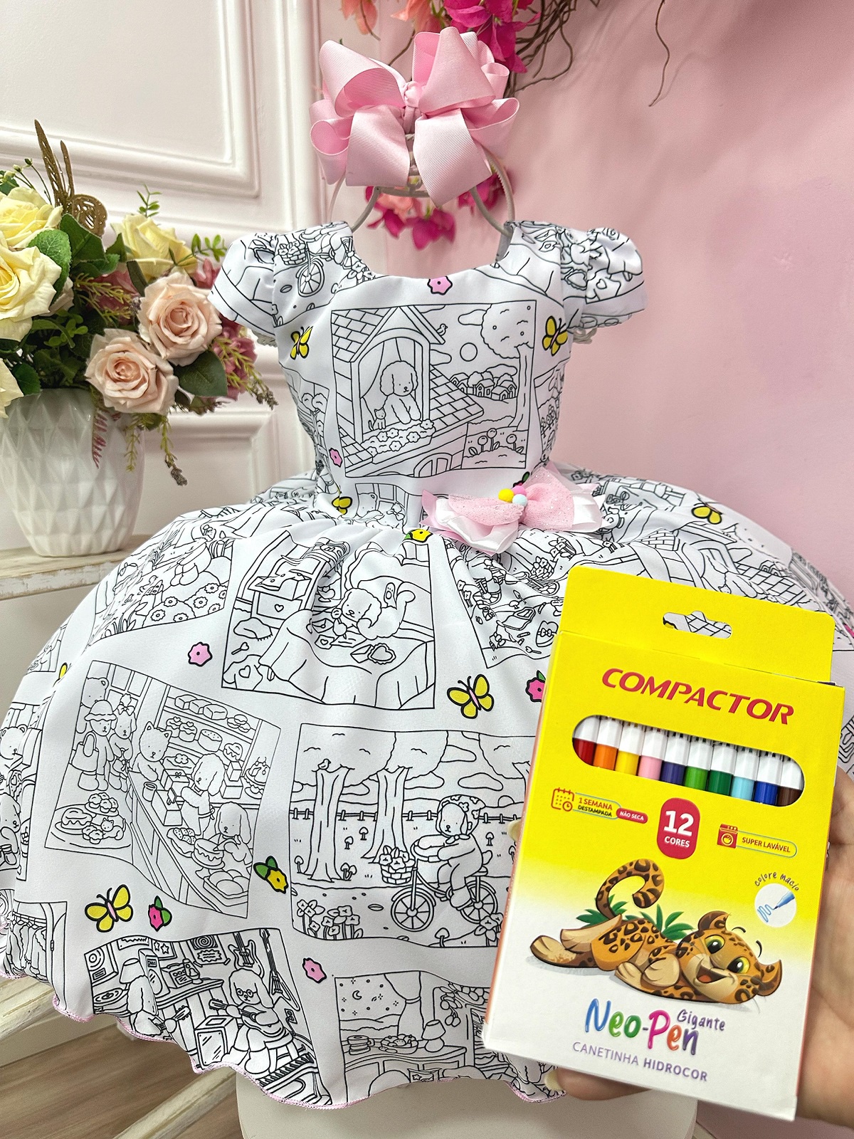 Vestido Infantil Livro Colorir Pinte e Lave + Canetinhas 12 Cores Festas