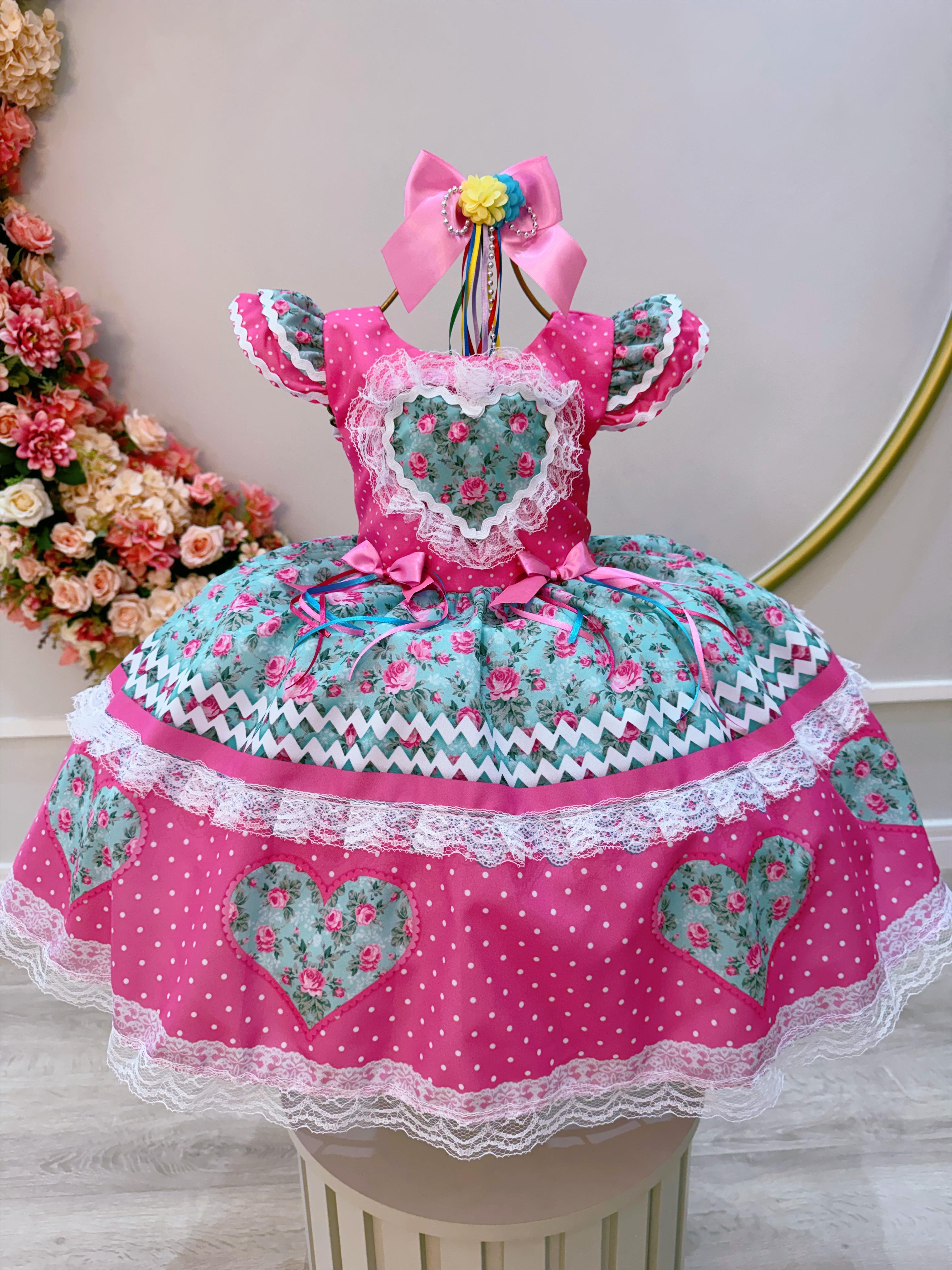 Vestido Infantil Junino Arraiá Rosa Chiclete Colorido Festas