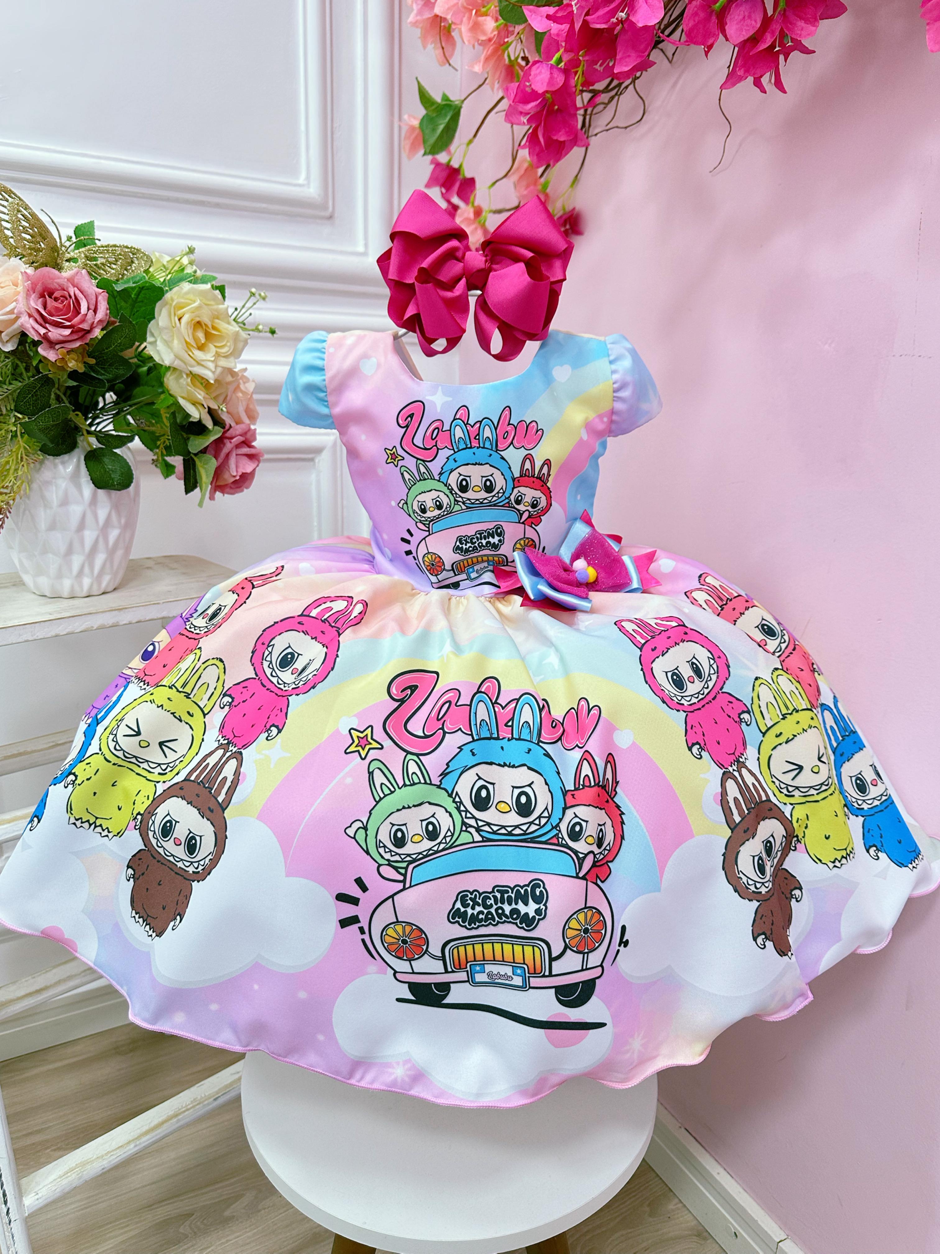 Vestido Infantil Labubu 3D Colorido Festas