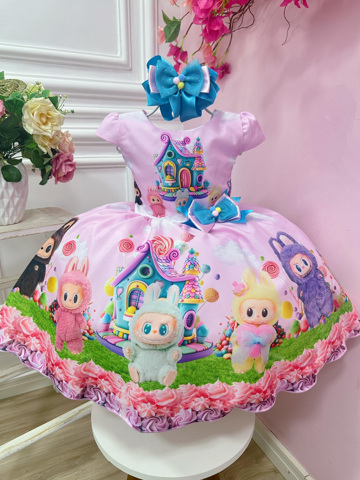 Vestido Infantil Labubu 3D Rosa Colorido Festas