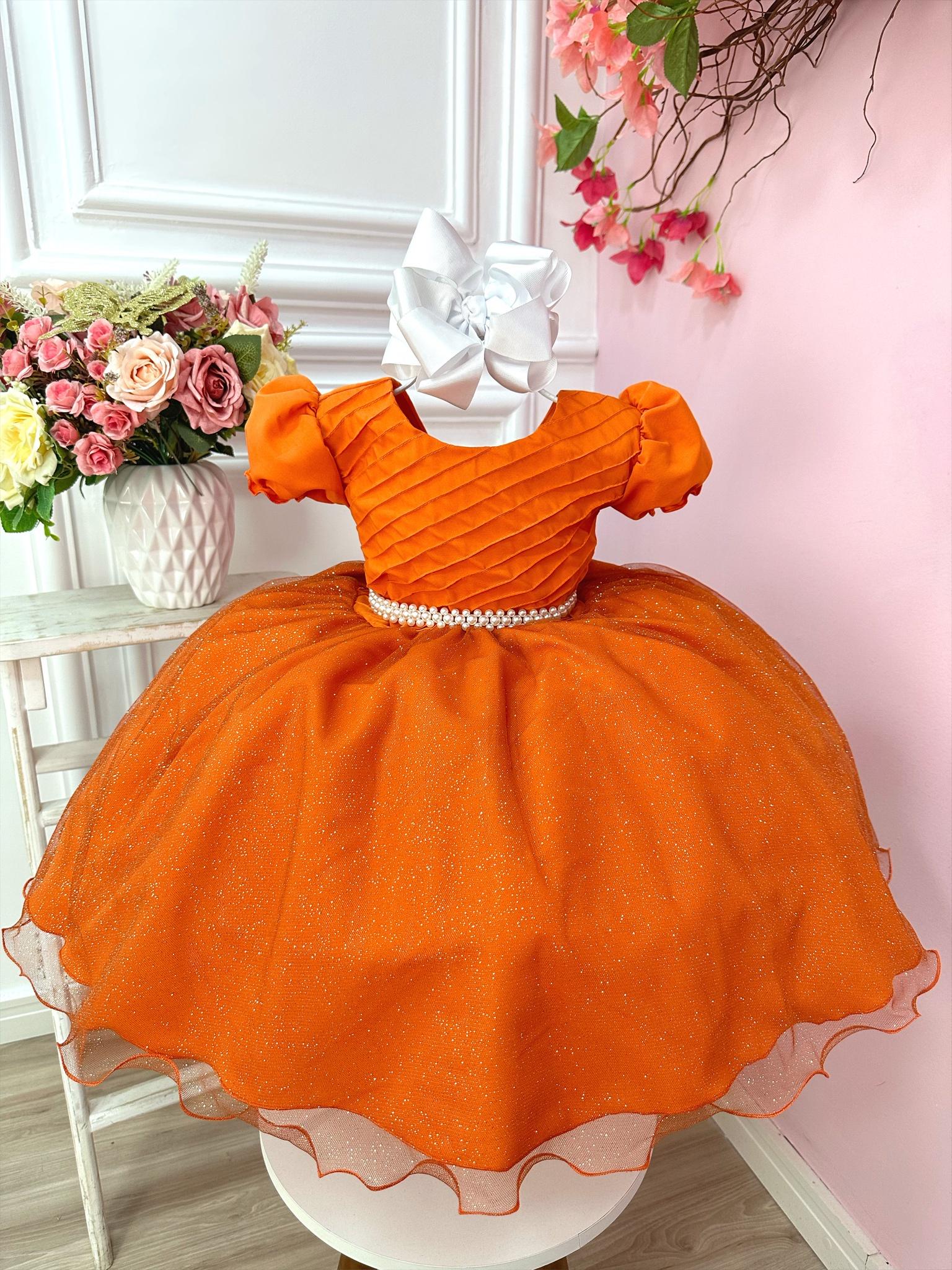 Vestido Infantil Laranja Busto Plissado C/ Pérolas Festas