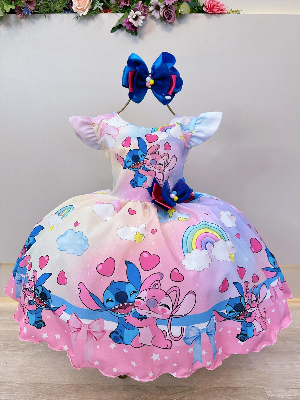 Vestido Infantil Lilo Stitch e Angel Apaixonados Colorido