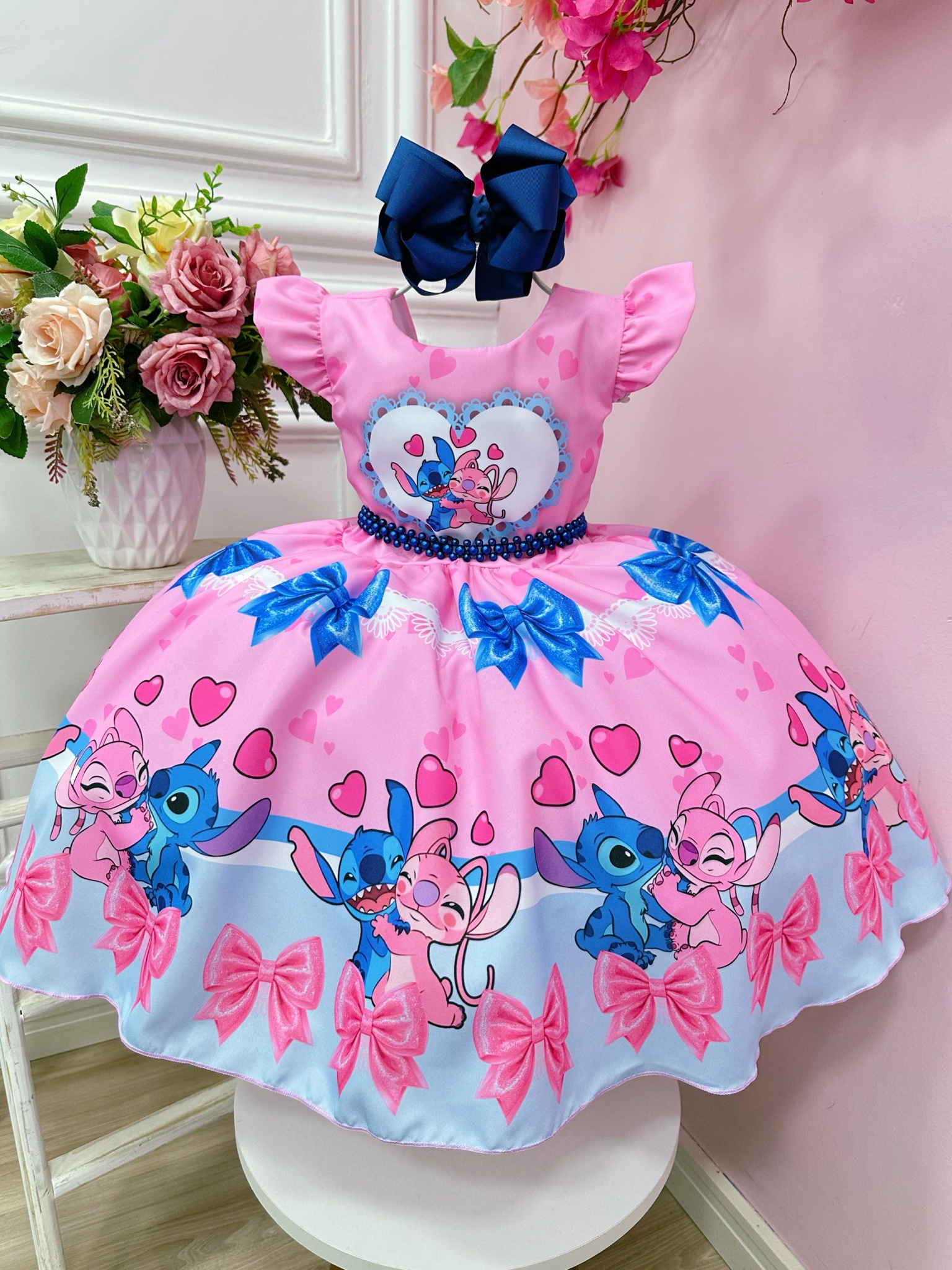 Vestido Infantil Lilo Stitch e Angel Rosa Festas