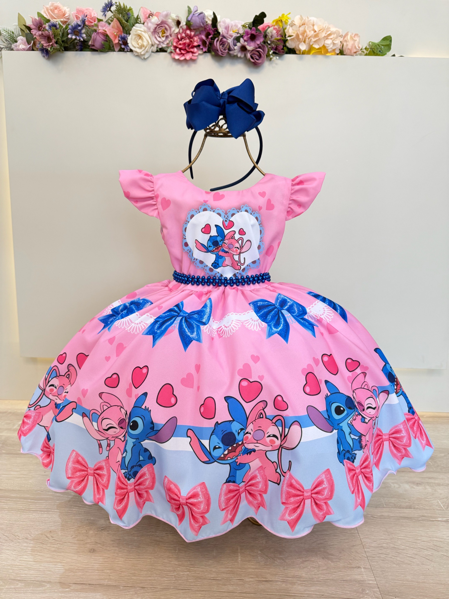 Vestido Infantil Lilo Stitch e Angel Rosa Festas